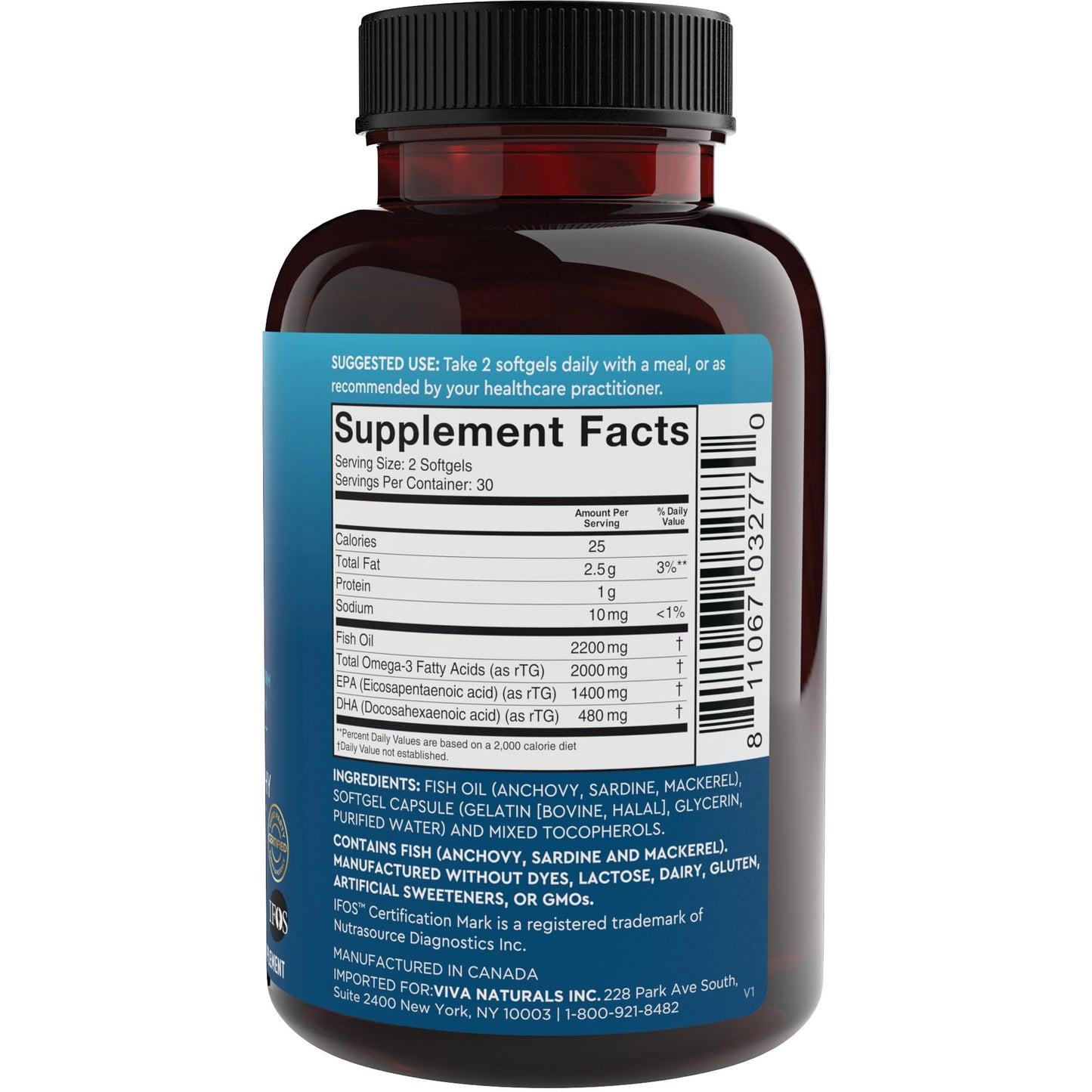 Viva Naturals Triple Strength Omega 3 Fish Oil Supplement - 2200 mg Wild Caught