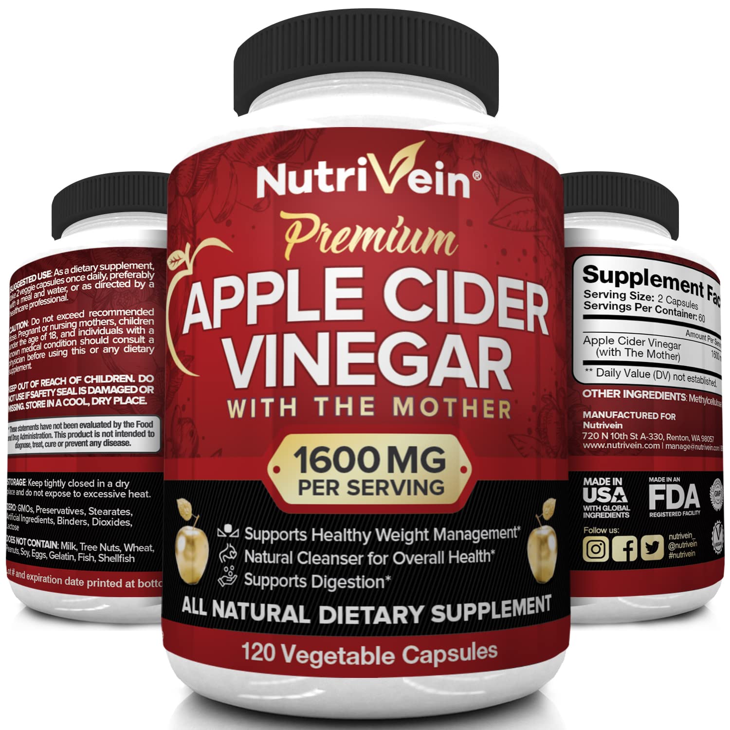 Nutrivein Apple Cider Vinegar Capsules with Mother - 1600mg - 120 Vegan