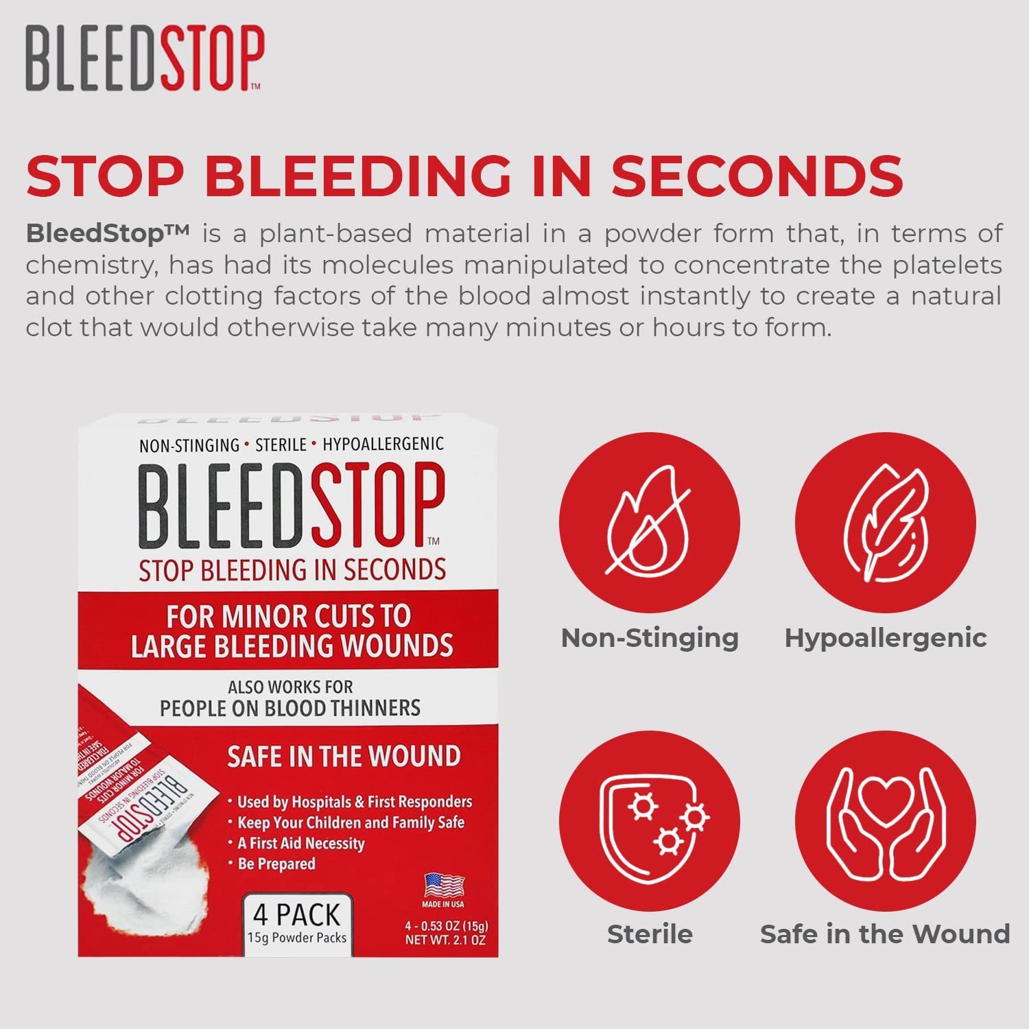BleedStop™ First Aid Powder for Blood Clotting, Trauma Kit, Blood Thinner BleedStop