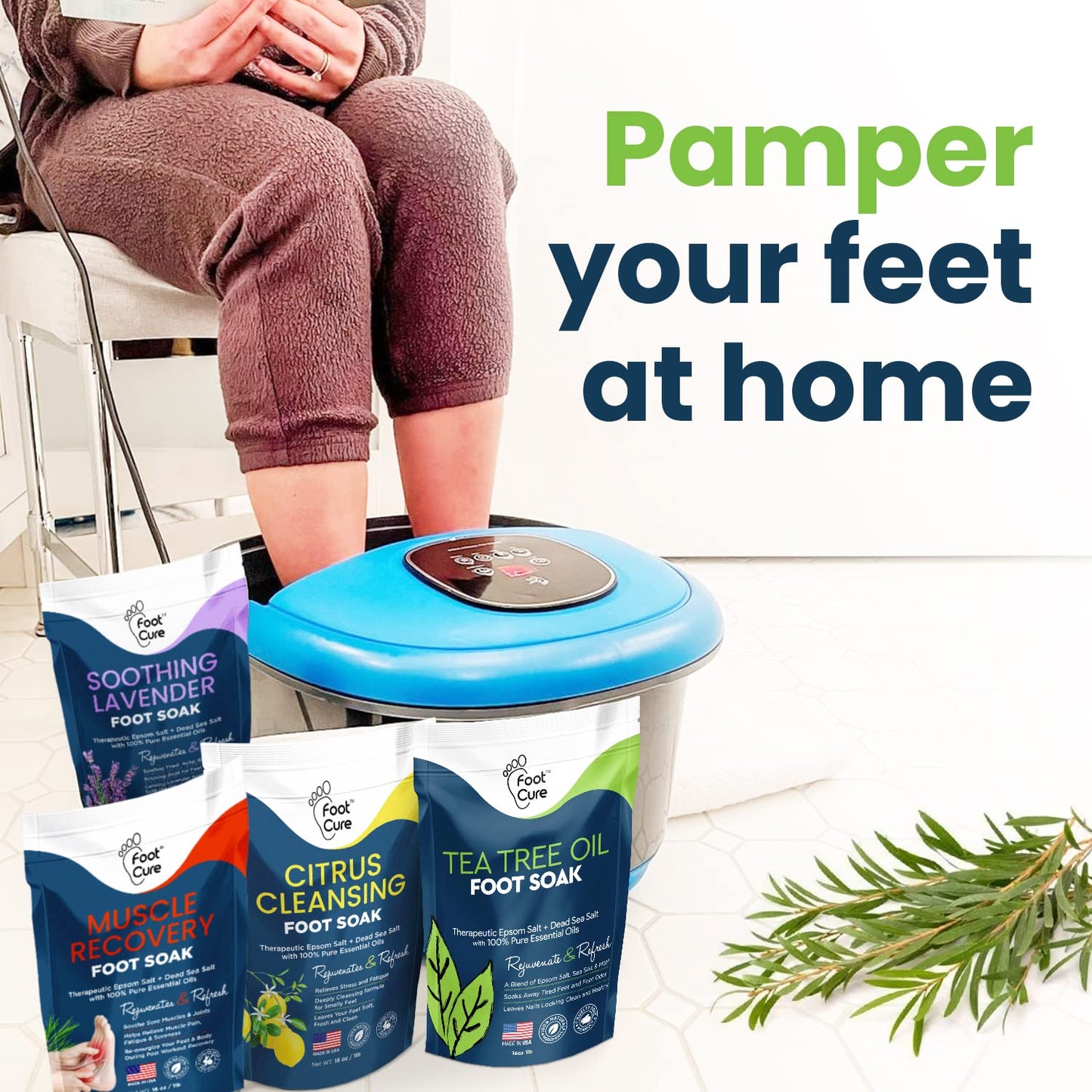 Foot Soak with Epsom Salts- Variety Pack of 4- Tea Tree Oil, Muscle Relief, Calming