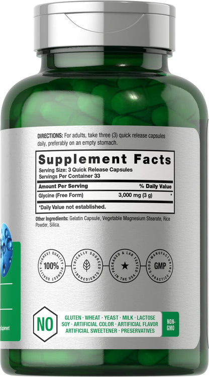 Glycine 3000 mg 100 Capsules | Non-GMO, Gluten Free Glycine Supplement | by Horbaach