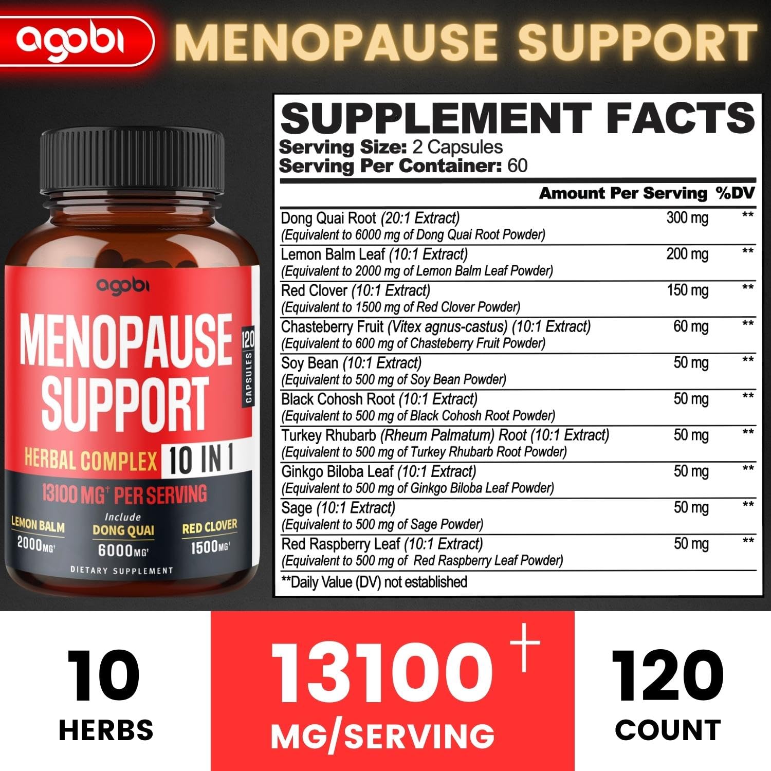 agobi Menopause Support for Women Health 13100 Mg - 10in1 with Dong Quai, Lemon Balm agobi