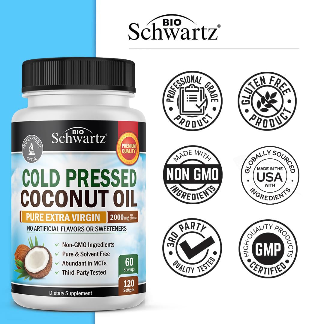 Coconut Oil Capsules 2000mg - Organic Pure Extra Virgin Unrefined Cold Pressed MCT BioSchwartz