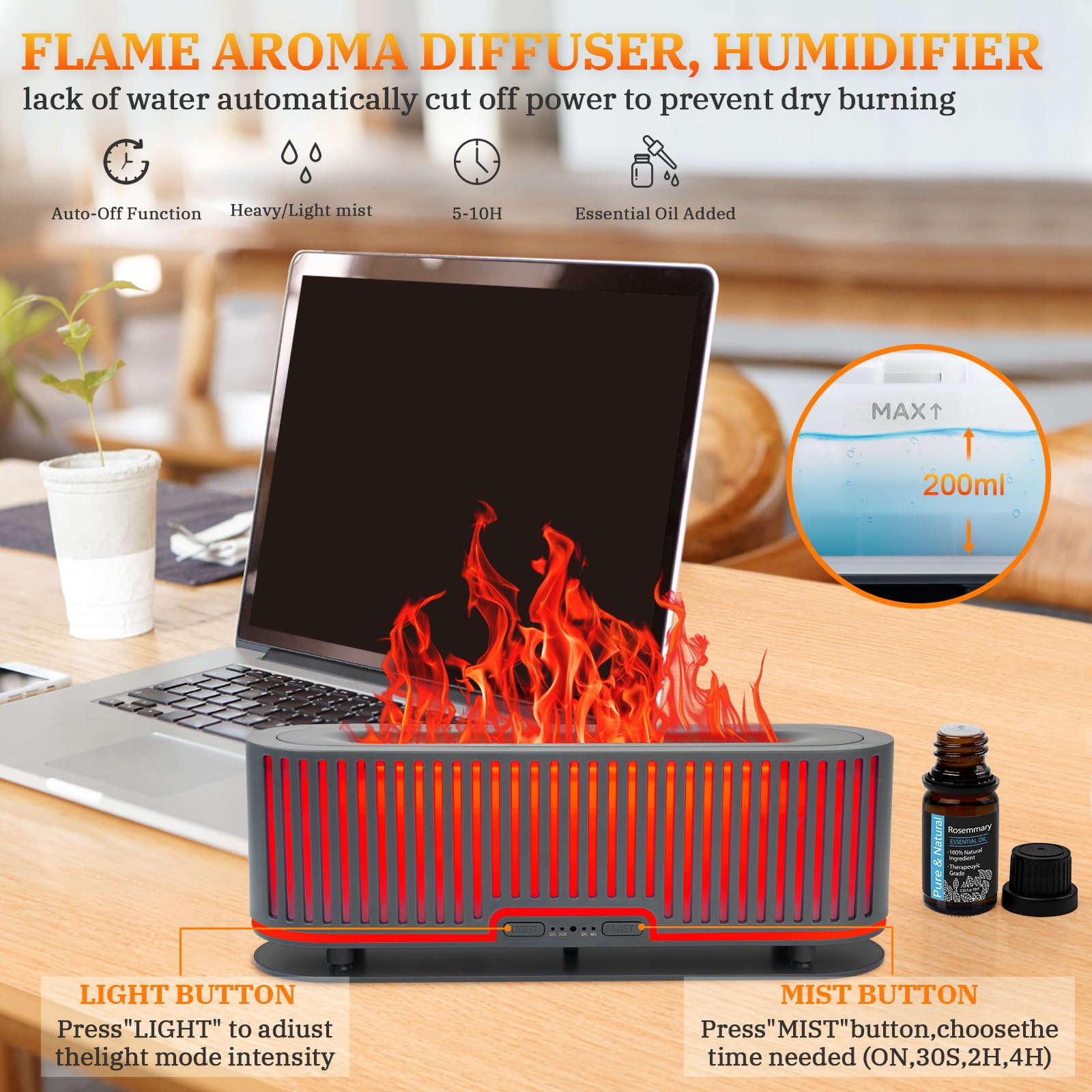 Comfynest Colorful Flame Fire Fireplace Diffuser with 6 Essential Oils Set, Ultrasonic 200ml Essential Oil Comfynest