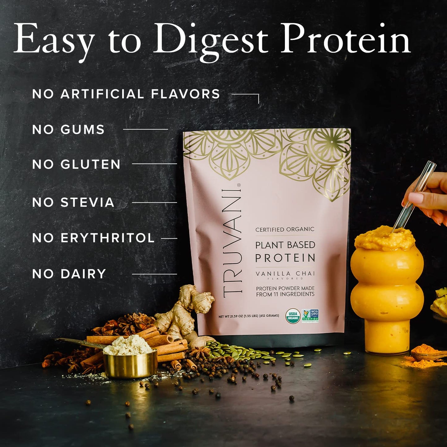 Truvani Organic Vegan Protein Powder Vanilla Chai - 20g of Plant Based Protein, Organic