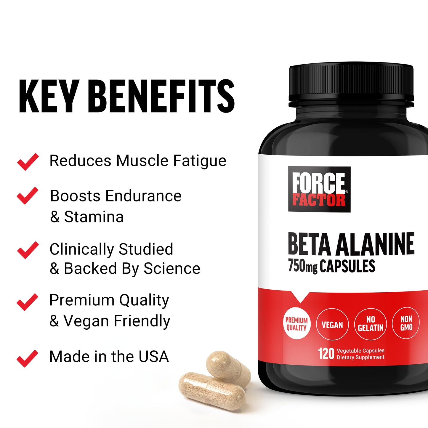 FORCE FACTOR Beta Alanine Capsules, Beta-Alanine Endurance Supplement to Boost Performance & Reduce Fatigue, Clinical Dose, Premium Quality, Vegan, Non-GMO, 120 Capsules