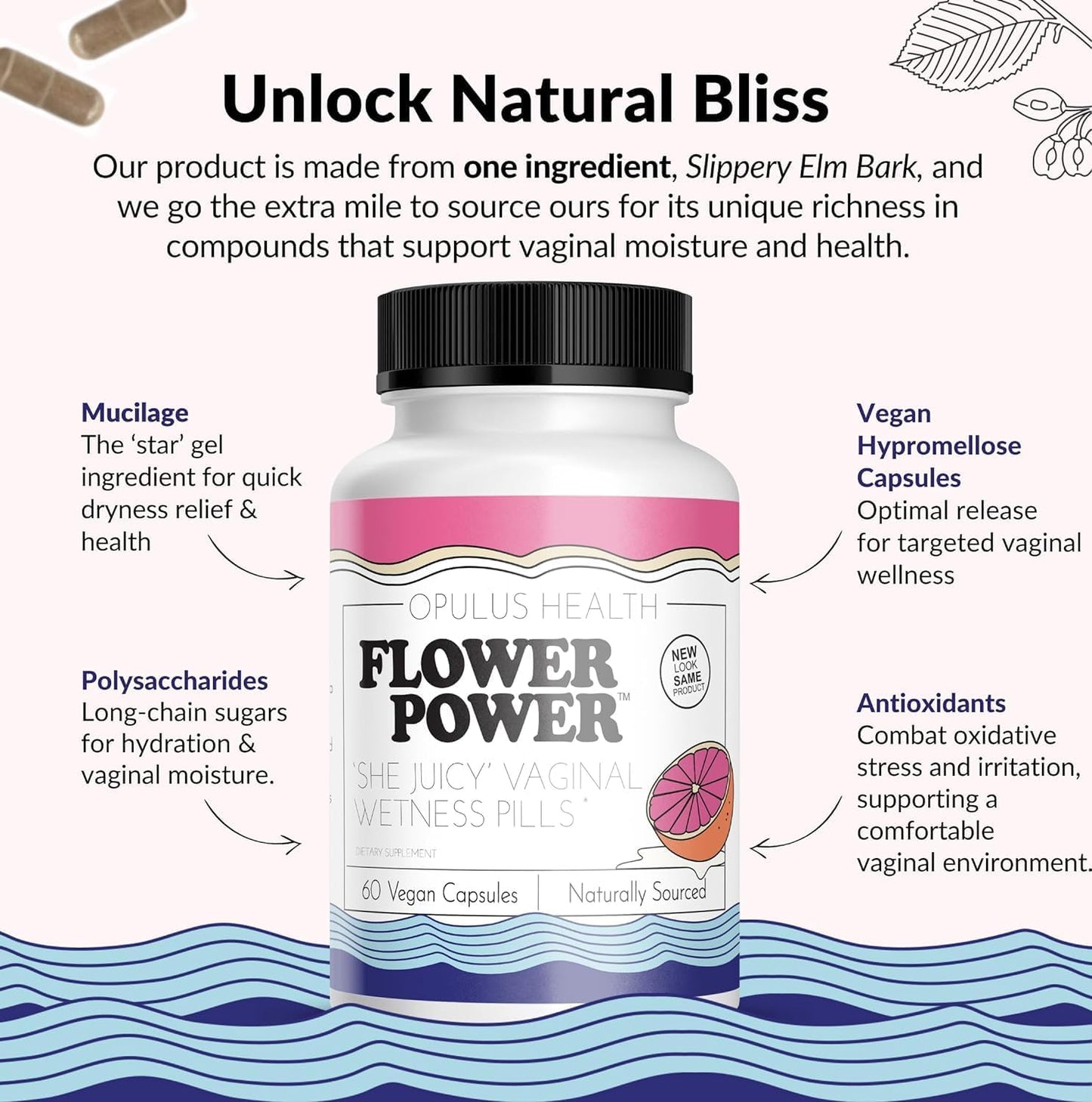 Flower Power ‘She Juicy’ Supplement for Vaginal Health | Slippery Elm Bark | Feminine