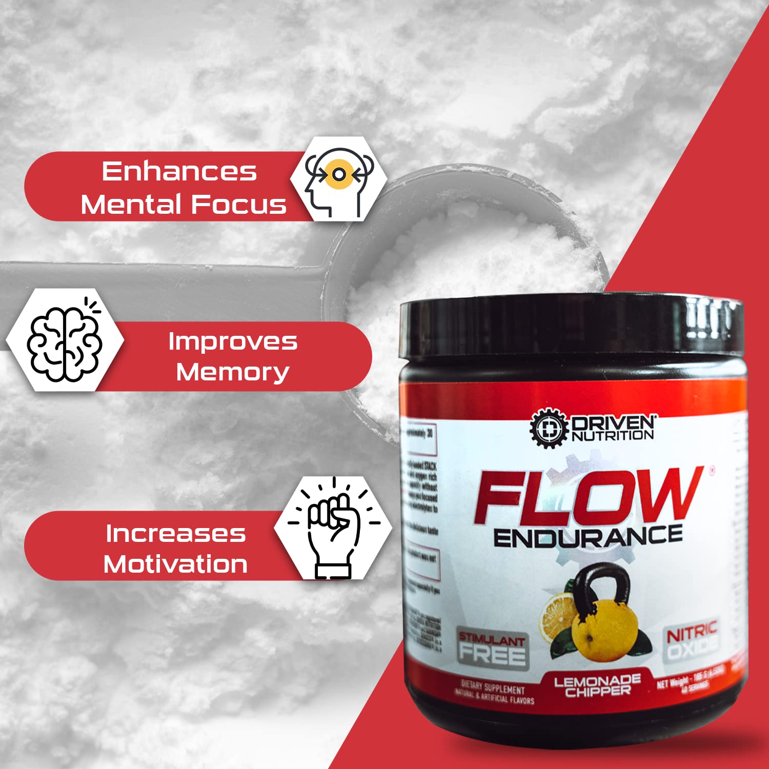 Driven Nutrition Flow - Cognitive Nitric Oxide Nootropic - Endurance & Energy - Increase Focus, Athletic Performance, Muscle Mass - Vitamin B12 & Electrolytes - Lemonade Chipper, 60 Servings