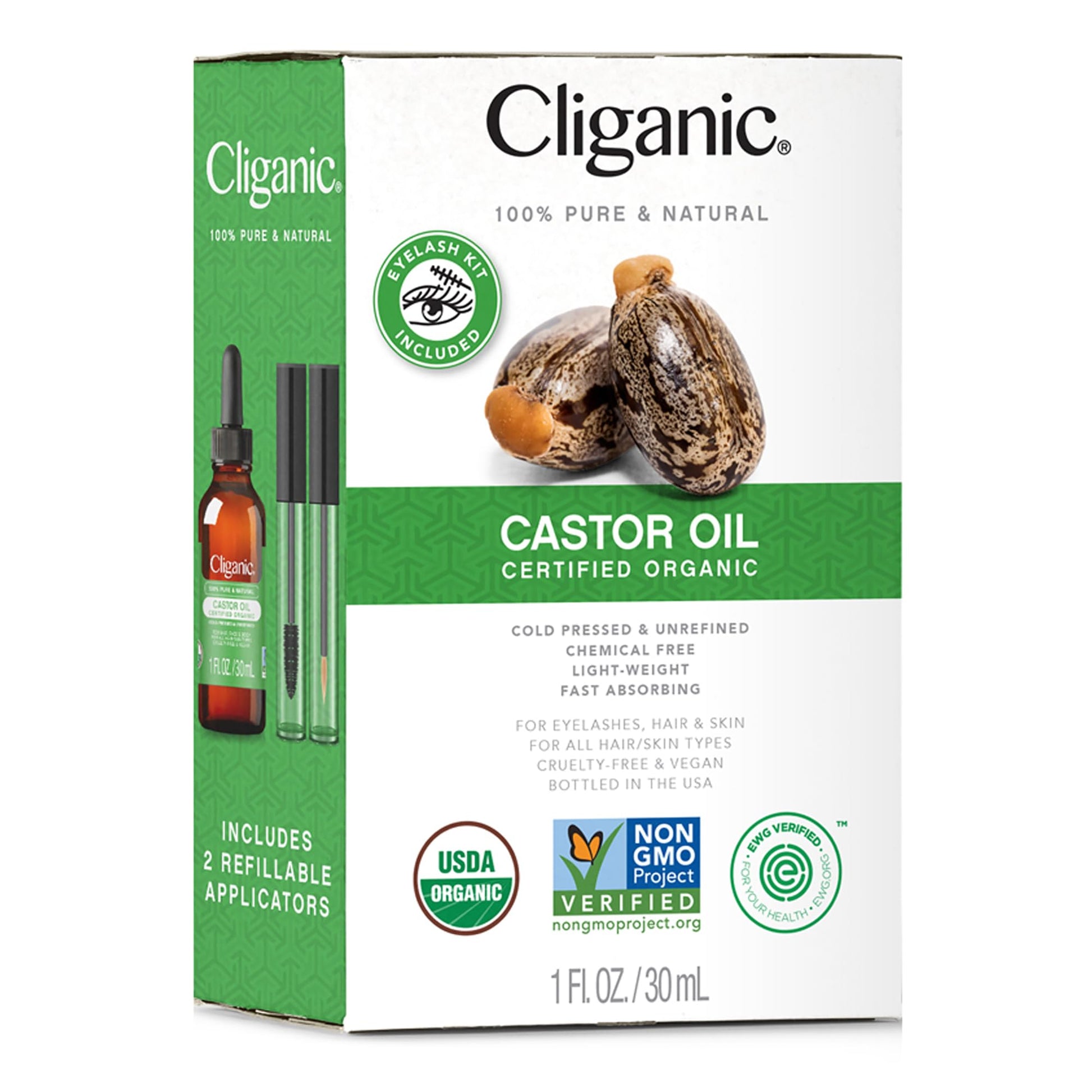 Cliganic Organic Castor Oil, 100% Pure (1oz with Eyelash Kit) - For Eyelashes, Eyebrows, Hair & Skin Cliganic