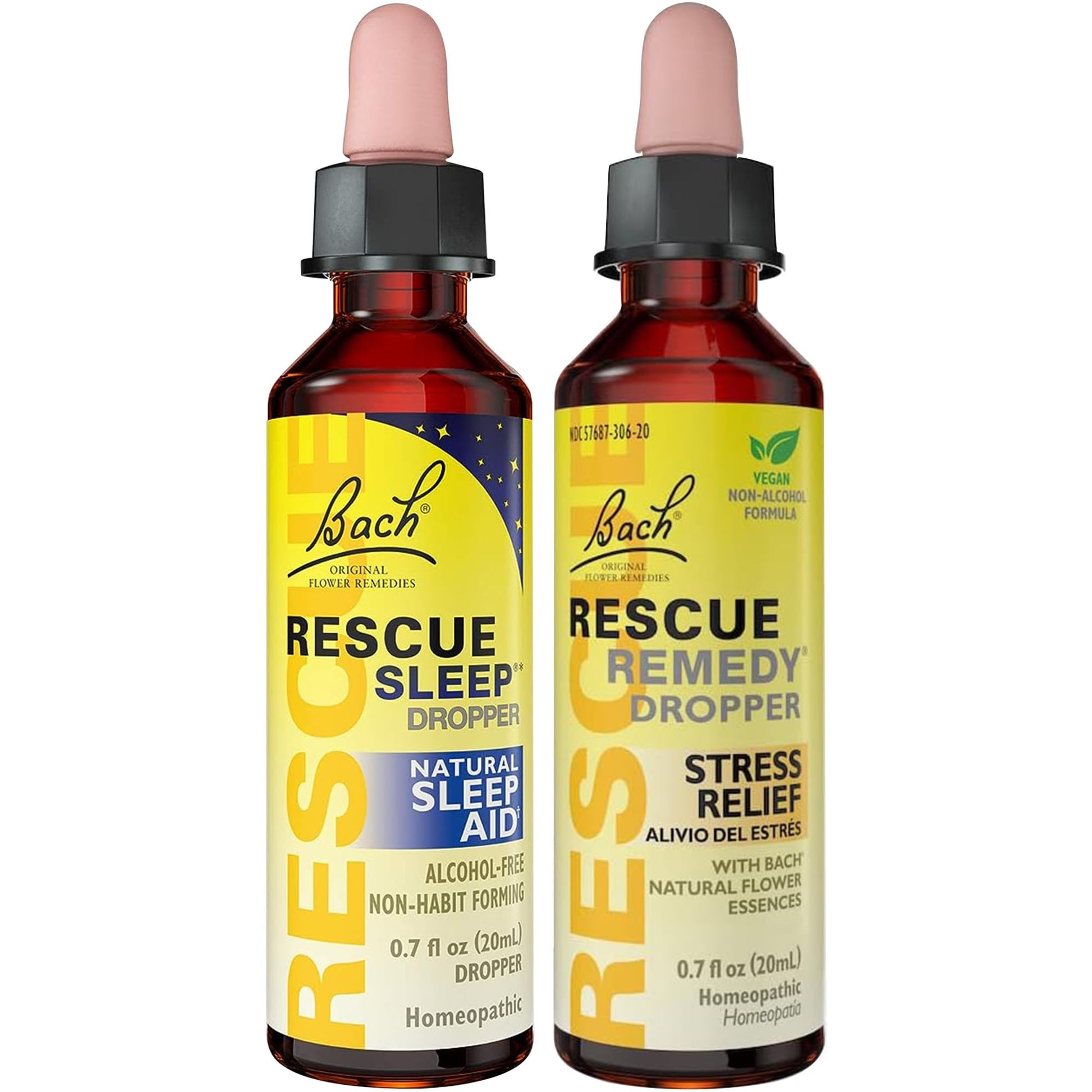 RESCUE Stress Relief & Sleep Support Bundle, Non-Alcohol Formulas, Bach Remedy Dropper 20mL 2-Pack