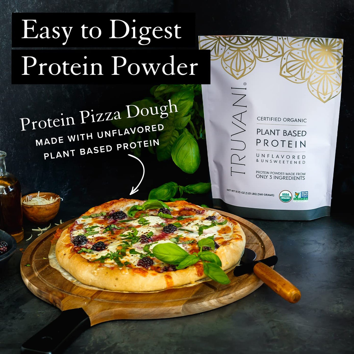 Truvani Organic Vegan Protein Powder Unflavored - 20g of Plant Based Protein, Organic