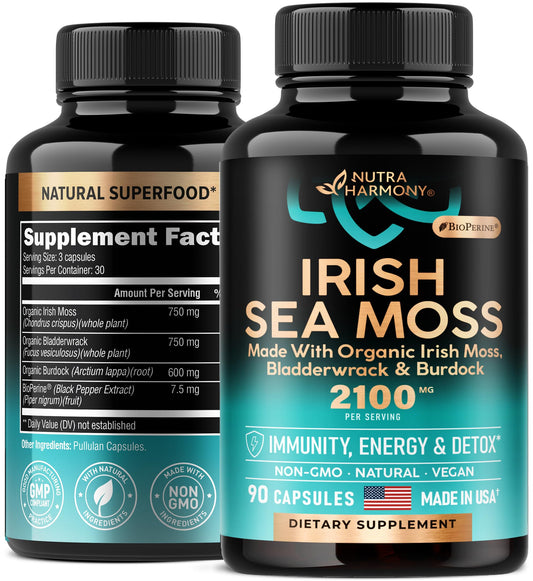 Irish Sea Moss Capsules - Made with Organic Sea Moss, Bladderwrack & Burdock Root - Made in USA - Advanced Superfood - Natural Multi Supplements Blend - Immunity & Energy Support - 90 Vegan Capsules