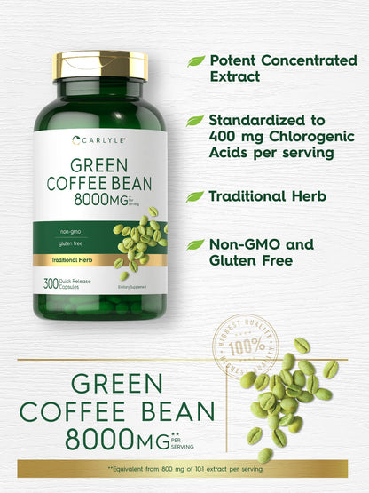 Carlyle Green Coffee Bean Extract | 8000 mg | 300 Capsules | Non-GMO and Gluten Free