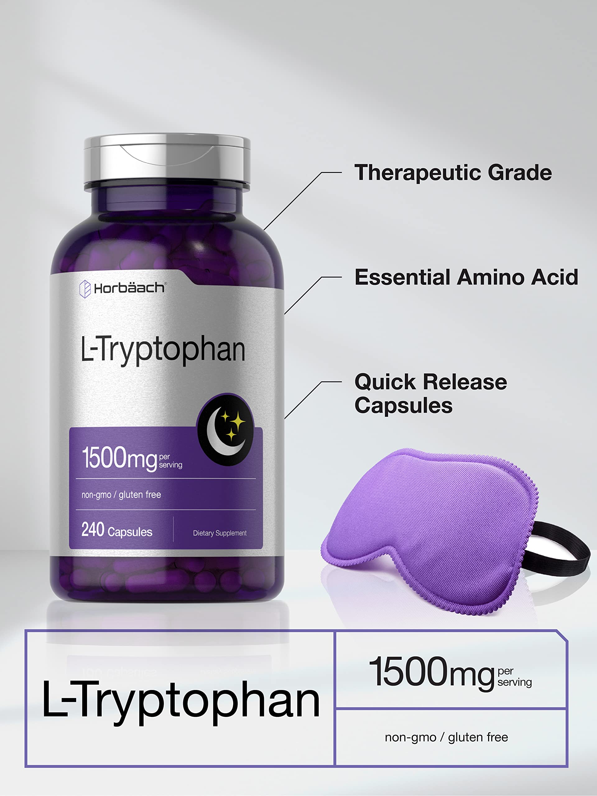 L Tryptophan 1500mg Capsules | 240 Count | Nighttime Formula | Non-GMO, Gluten Free