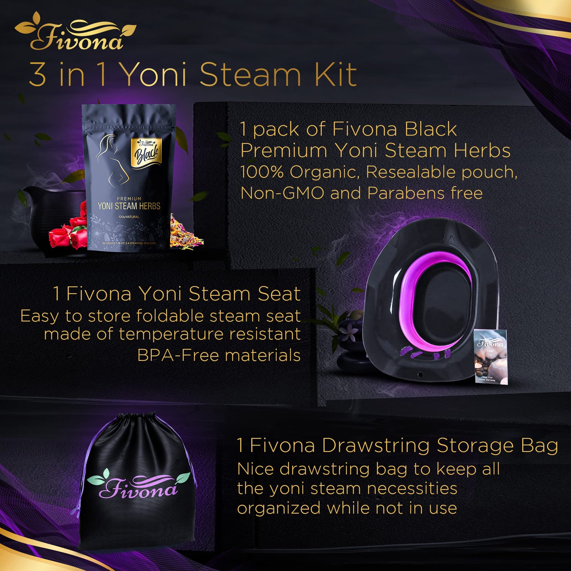 Fivona 3-in-1 Yoni Steam Kit Black - Foldable Over The Toilet Steamer Seat with Herbal Blend and Storage FIVONA