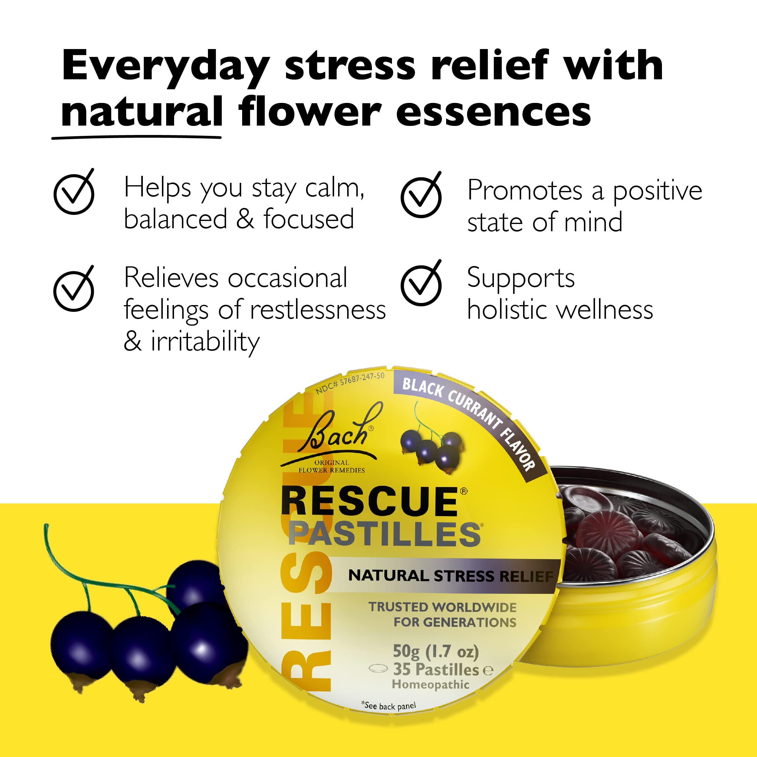 Bach RESCUE PASTILLES, Black Currant Flavor, Natural Stress Relief Lozenges, Homeopathic Flower RESCUE