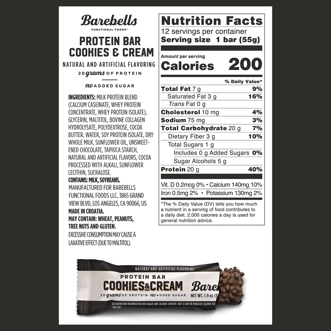 Barebells Protein Bars Cookies & Cream - 12 Count, 1.9oz Bars - Protein Snacks with 20g 