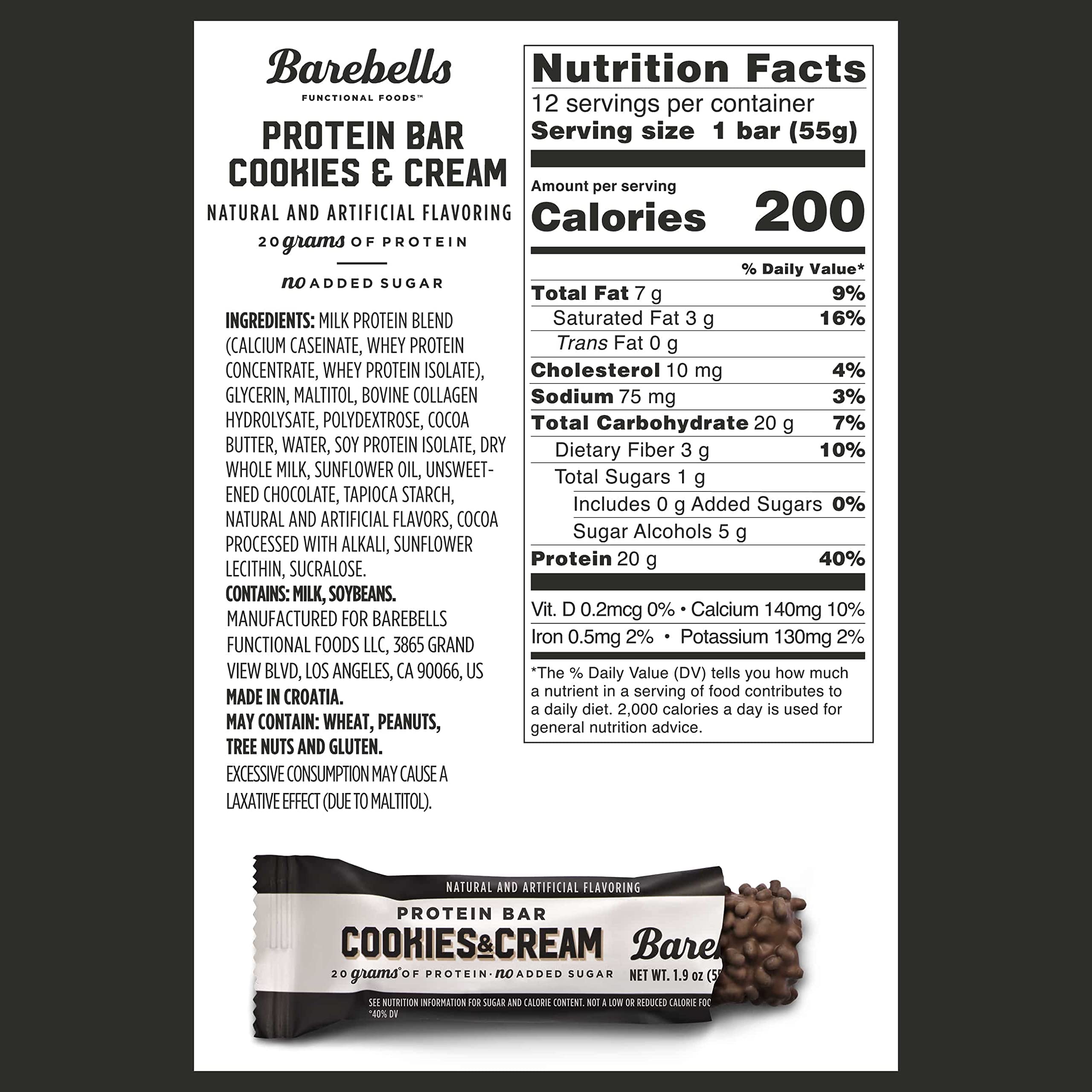 Barebells Protein Bars Cookies & Cream - 12 Count, 1.9oz Bars - Protein Snacks with 20g BAREBELLS