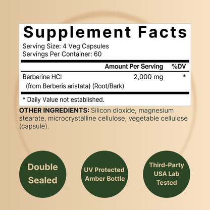 Berberine Supplement 500mg Per Capsule (2,000mg Per Serving) | 240 Veggie Capsules, 97% Pure Berberine HCL – Plant Based, Vegan, Non-GMO