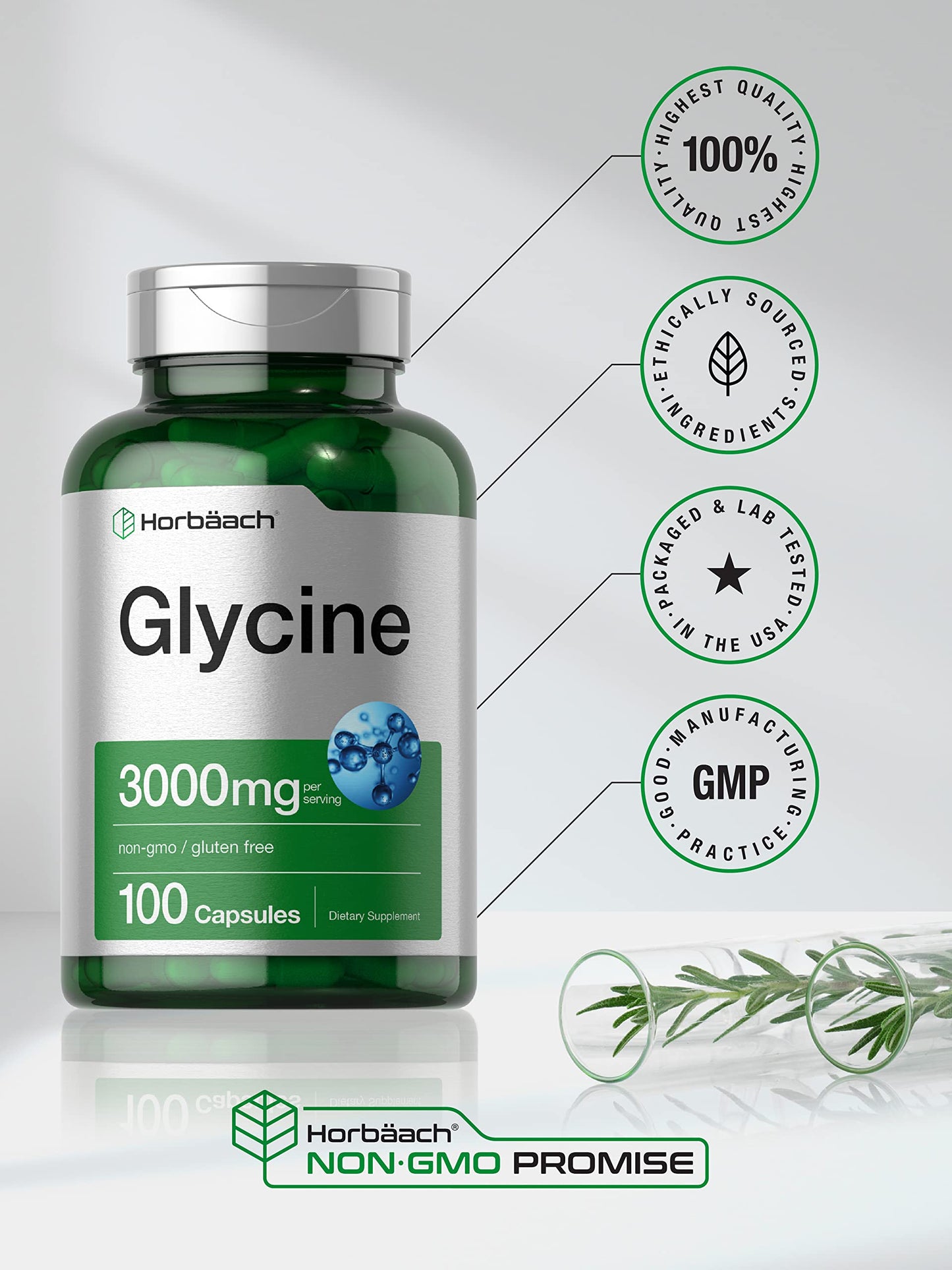 Glycine 3000 mg 100 Capsules | Non-GMO, Gluten Free Glycine Supplement | by Horbaach