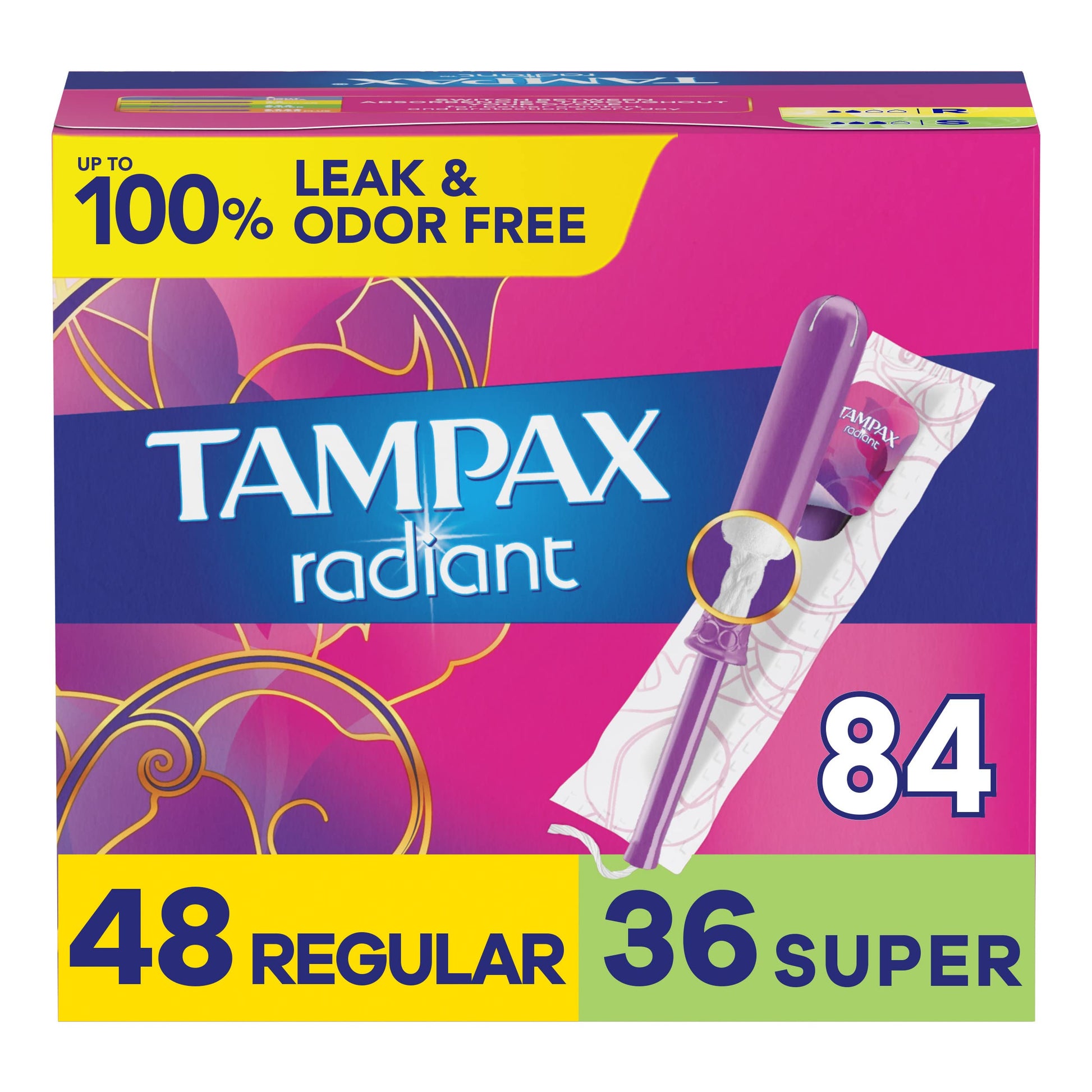 Tampax Radiant Tampons Multipack, Regular/Super Absorbency, with Leakguard Braid, Unscented, 84 Count