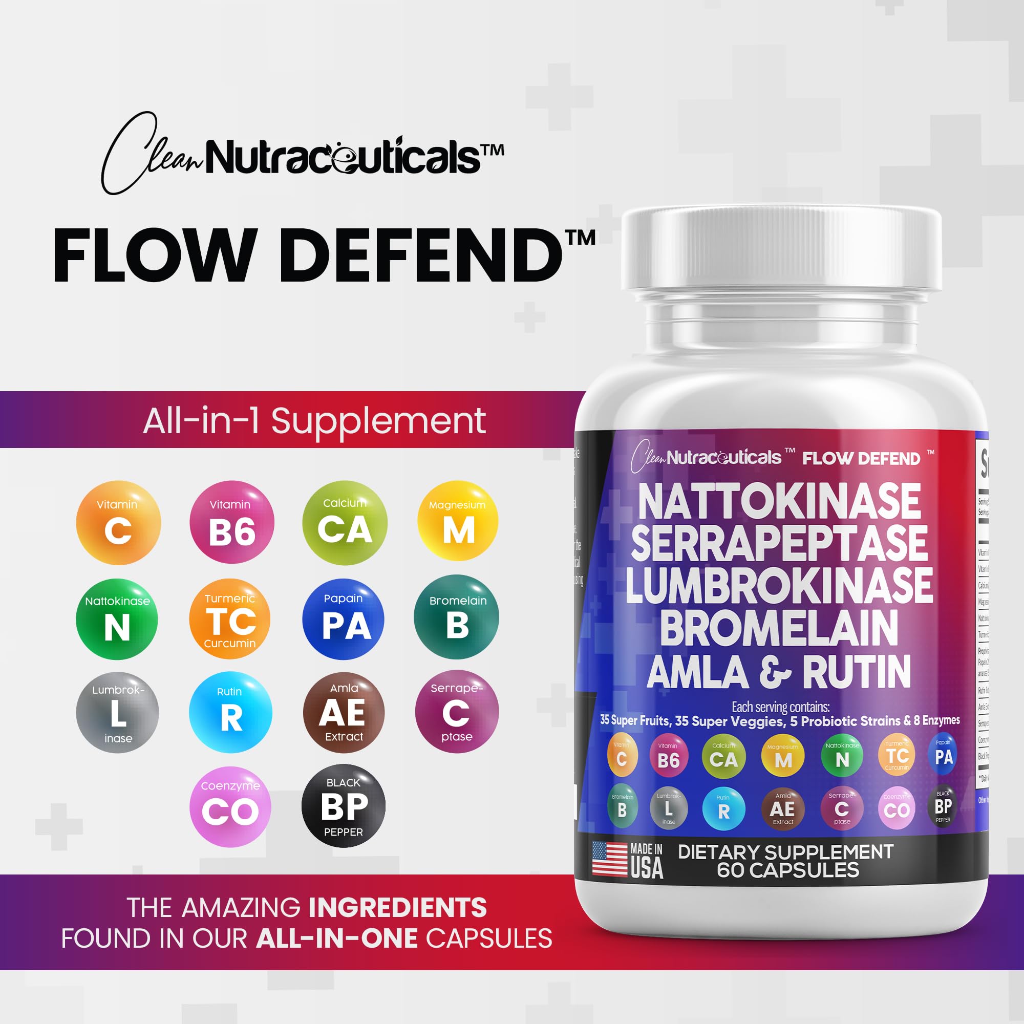 Nattokinase 4000 FU Serrapeptase 120000 SPU Lumbrokinase Enzyme