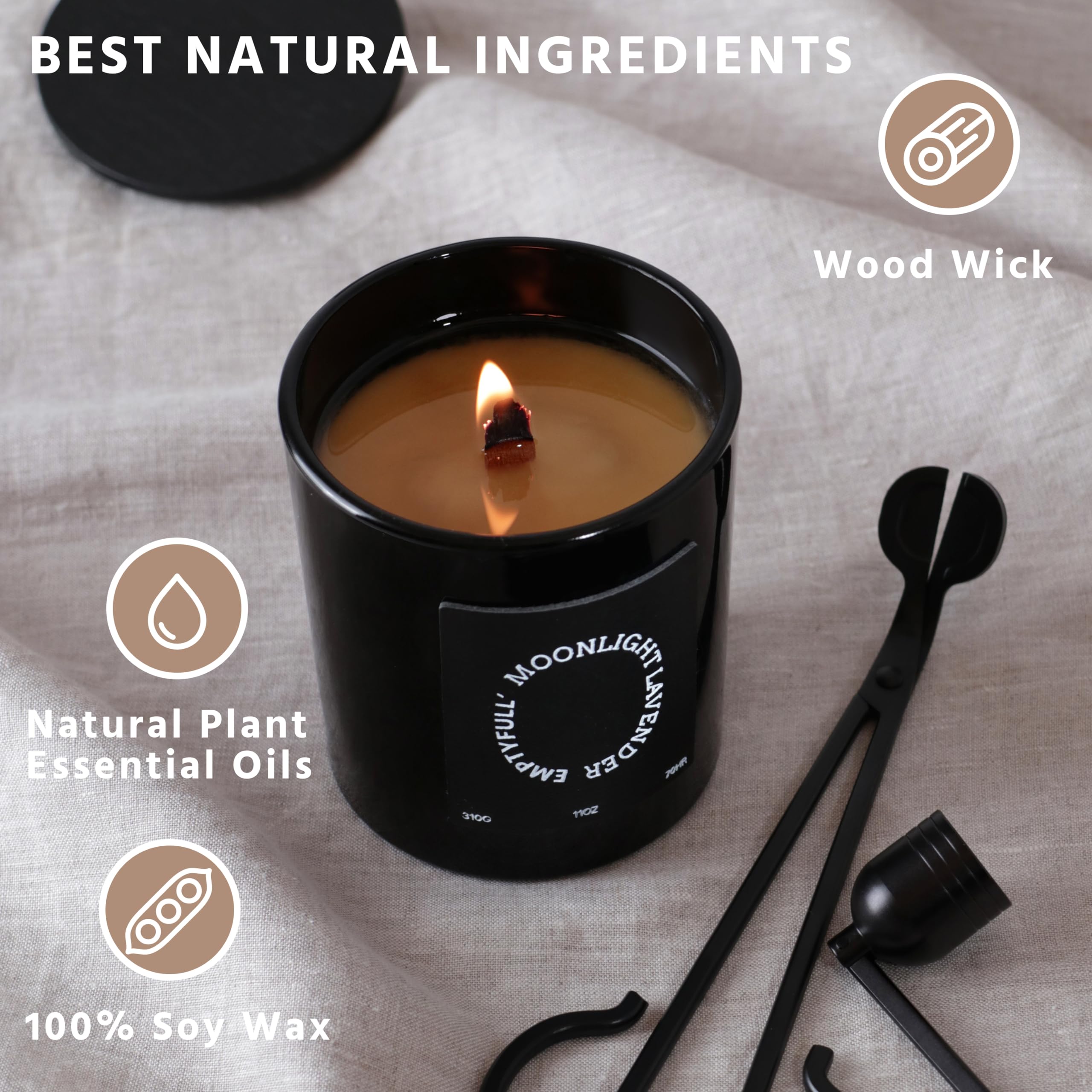 EMPTYFULL Lavender Scented Candles, Wood Wick, 11 oz Large Candle, Natural Soy Candles Emptyfull