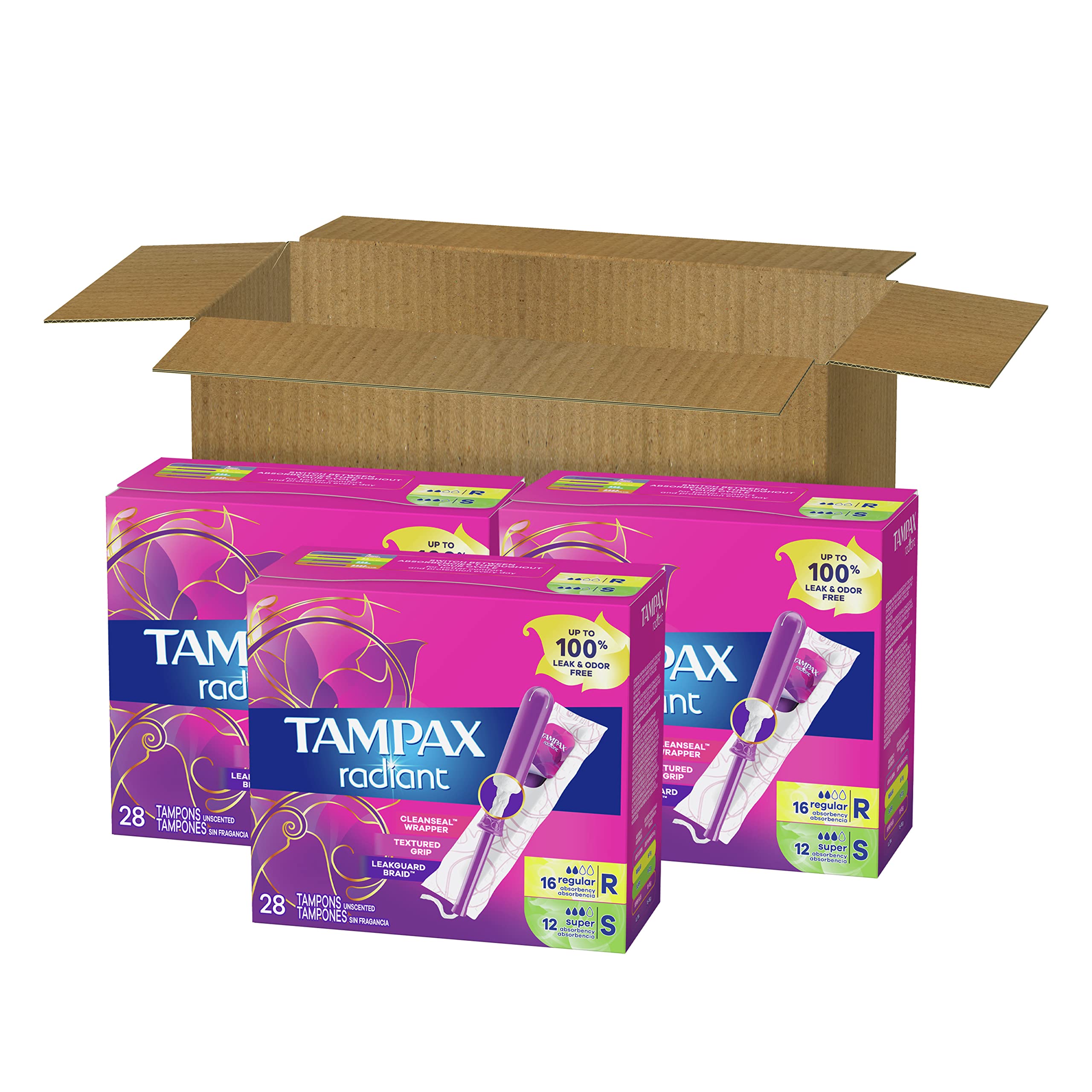 Tampax Radiant Tampons Multipack, Regular/Super Absorbency, with Leakguard Braid, Unscented, 84 Count Tampax