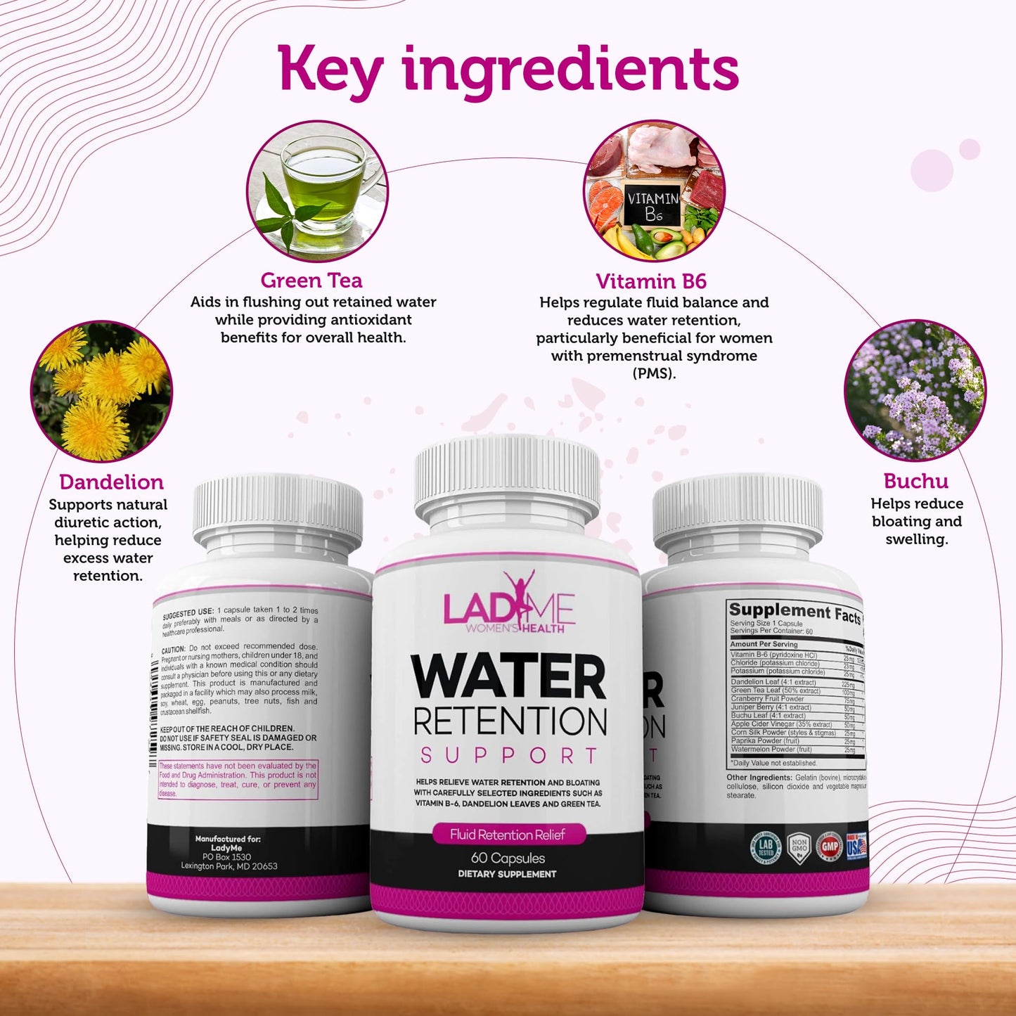 Water Retention Pills for Women Bloating Relief with Vitamin B6, Dandelion & Green Tea Natural