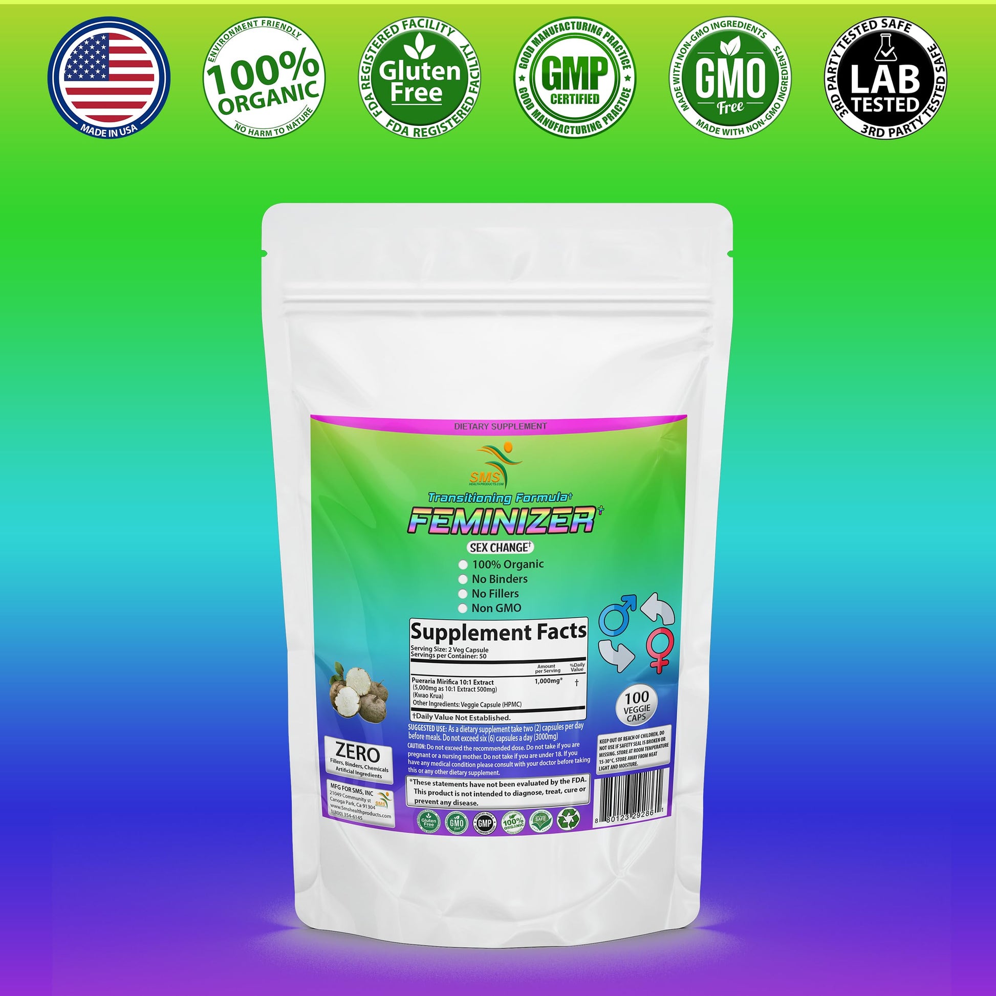 Feminizer Sex Change Pills by SMS, 100 Veggie Caps Pueraria Mirifica 1,000mg Pure SMSHEALTHPRODUCTS.com