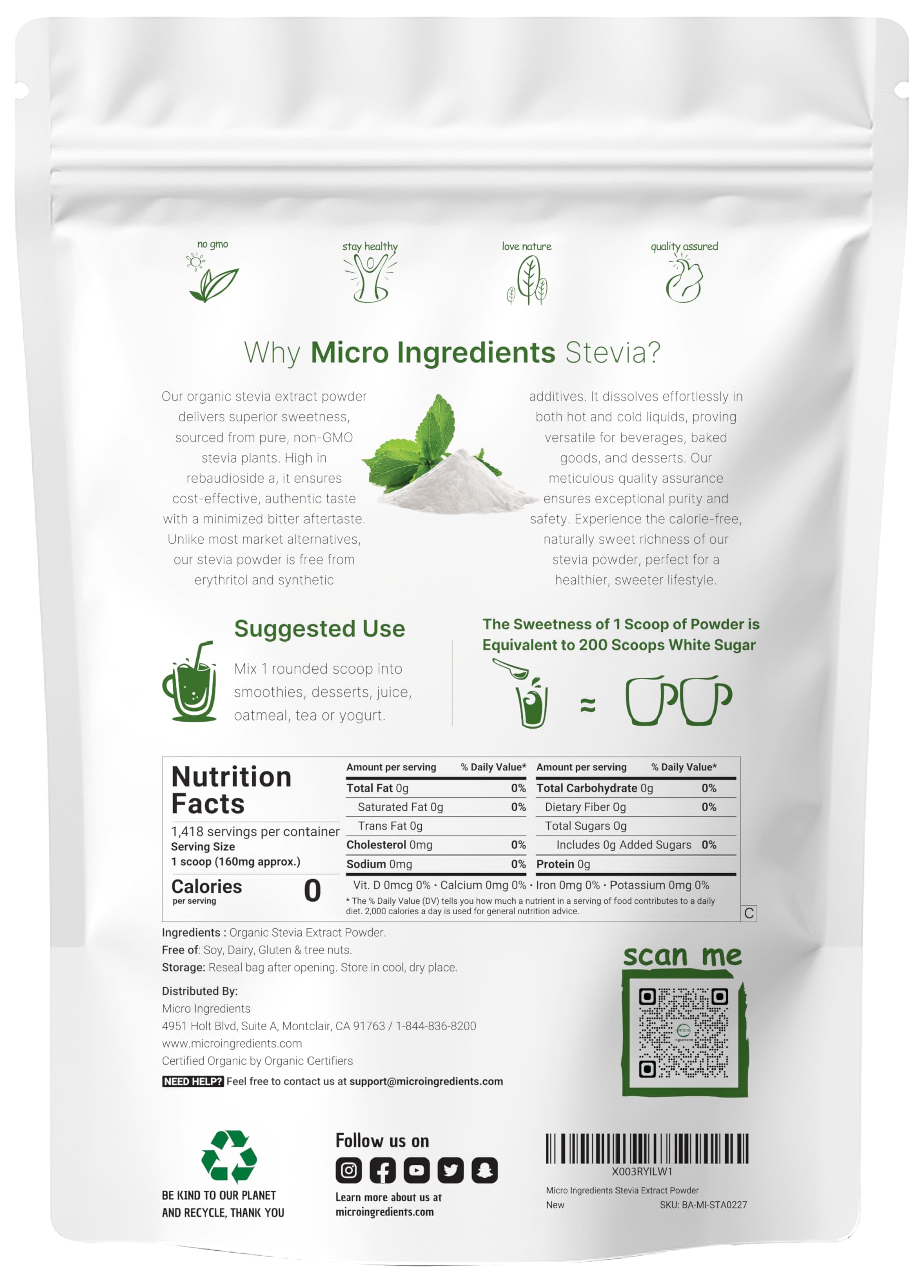Pure Organic Stevia Powder, 8 Ounces, 1418 Serving, High Grade Stevia Green Micro Ingredients