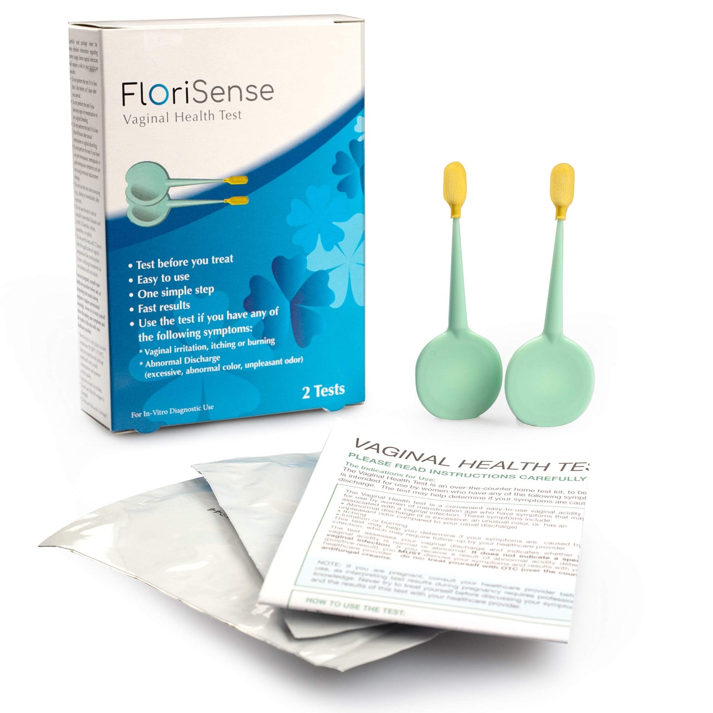 FloriSense Vaginal Health pH Test Kit - OTC Vaginal Acidity Test - Bacterial Vaginosis and Yeast Infections - 2 Swabs, Detect Feminine Imbalance - Before You Treat, Easy to Read Results in Seconds