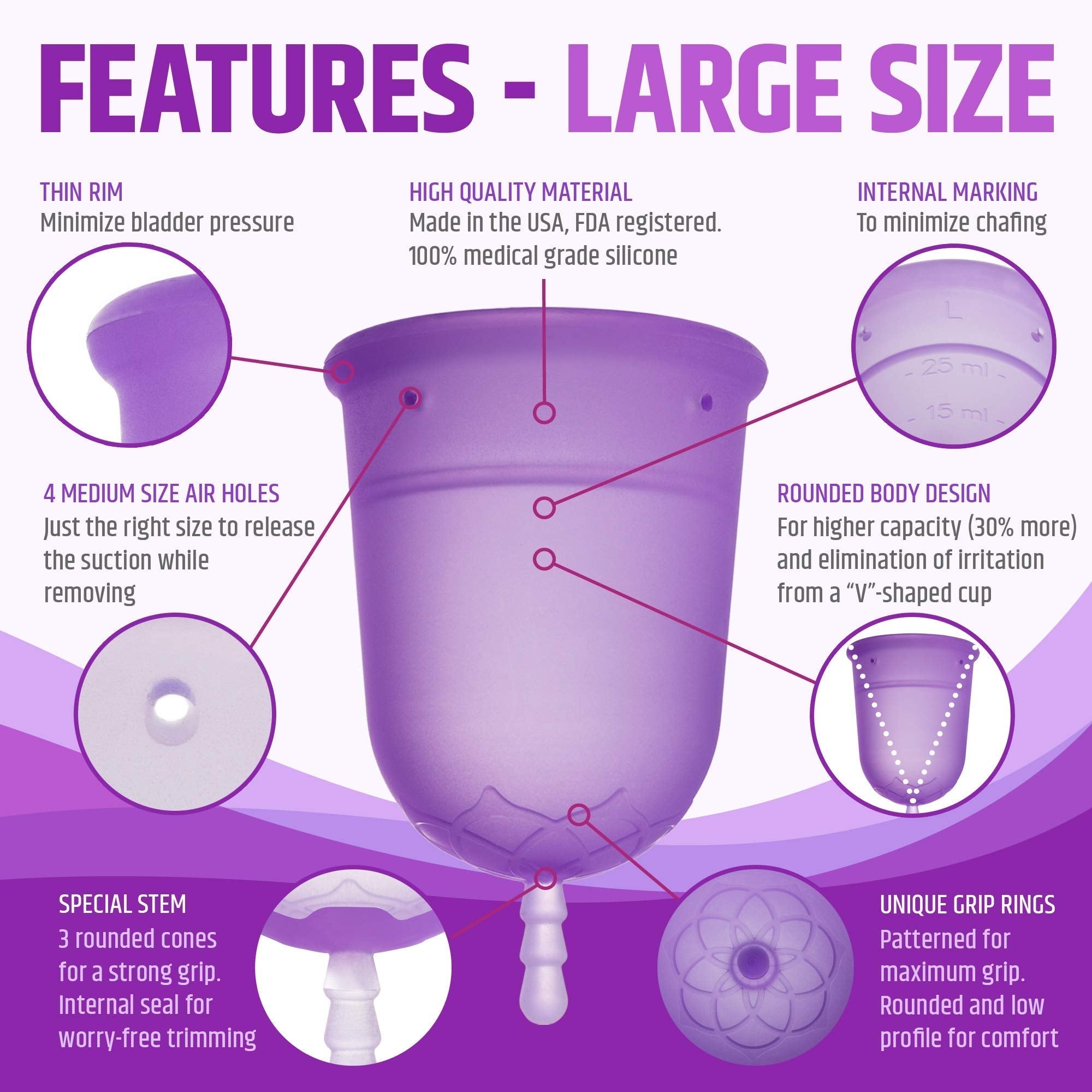 Venus Large Menstrual Cup – High Capacity for Heavy Flow -Made in USA - 100% Medical Grade Silicone VENUS