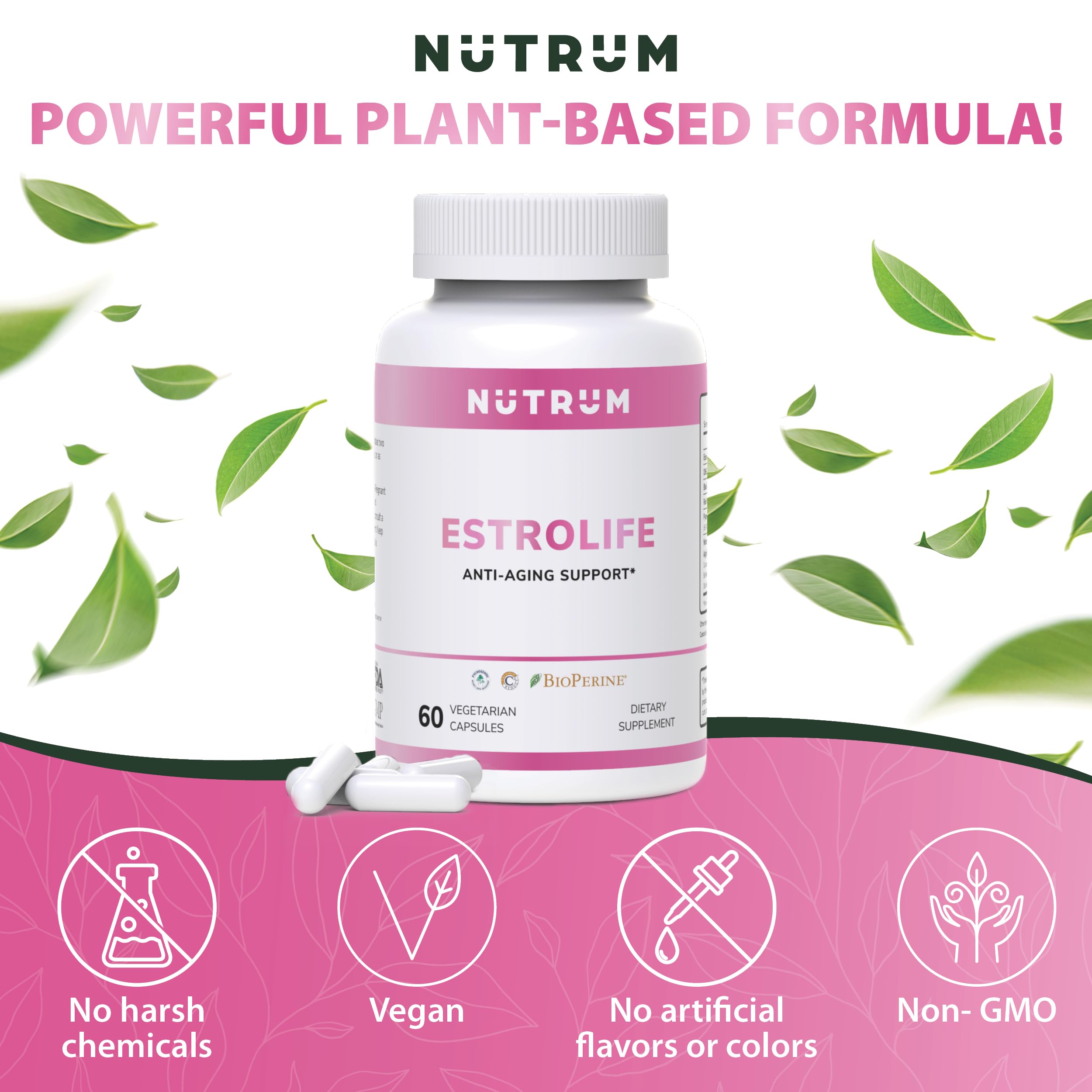 Estrolife Anti-Aging Support for Women by Nutrum, Vegan Supplement for Long Lasting Female Hormonal Balance Nutrum