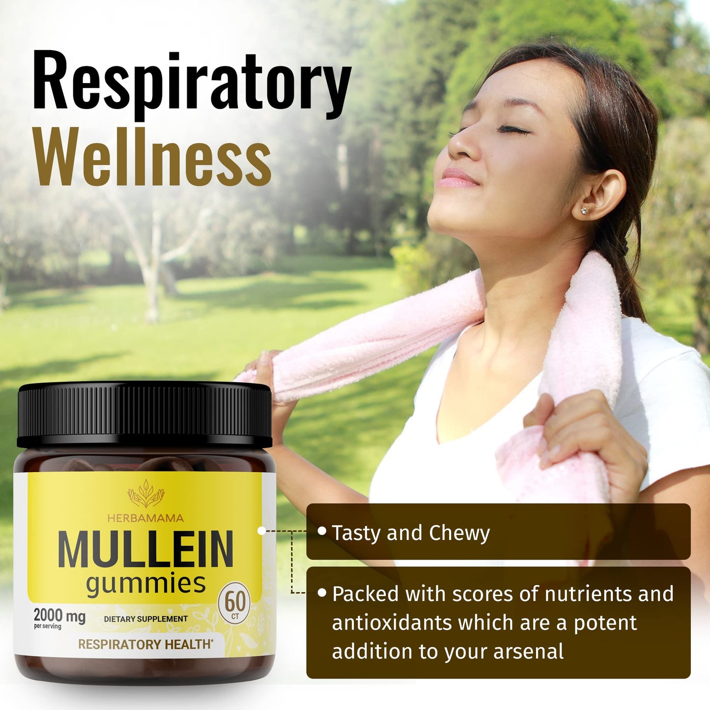 HERBAMAMA Mullein Gummies - Mullein Leaf Dietary Supplement for Respiratory