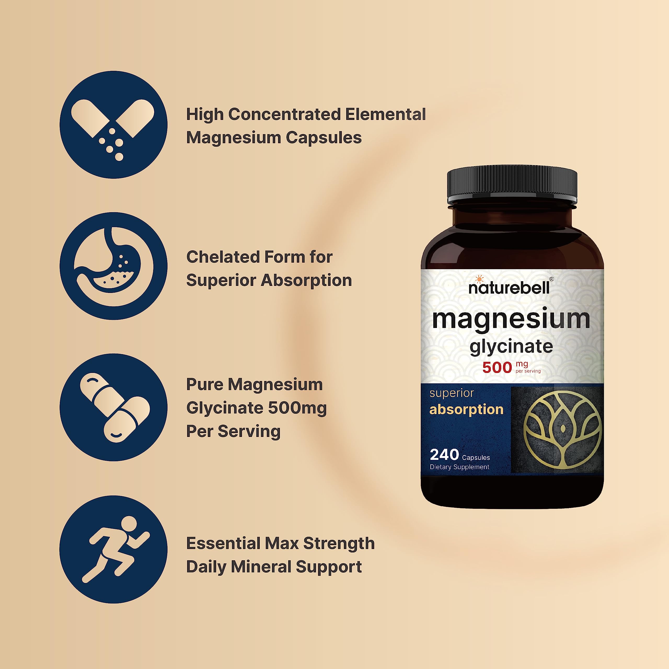 Magnesium Glycinate Capsules 500mg | 240 Count, 100% Chelated & Purified, 3rd Party