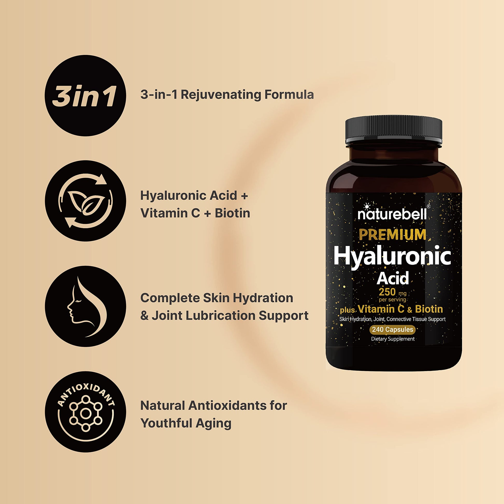 NatureBell 2 Pack Plant Based Hyaluronic Acid Supplements 250mg with 25mg Vitamin C NatureBell