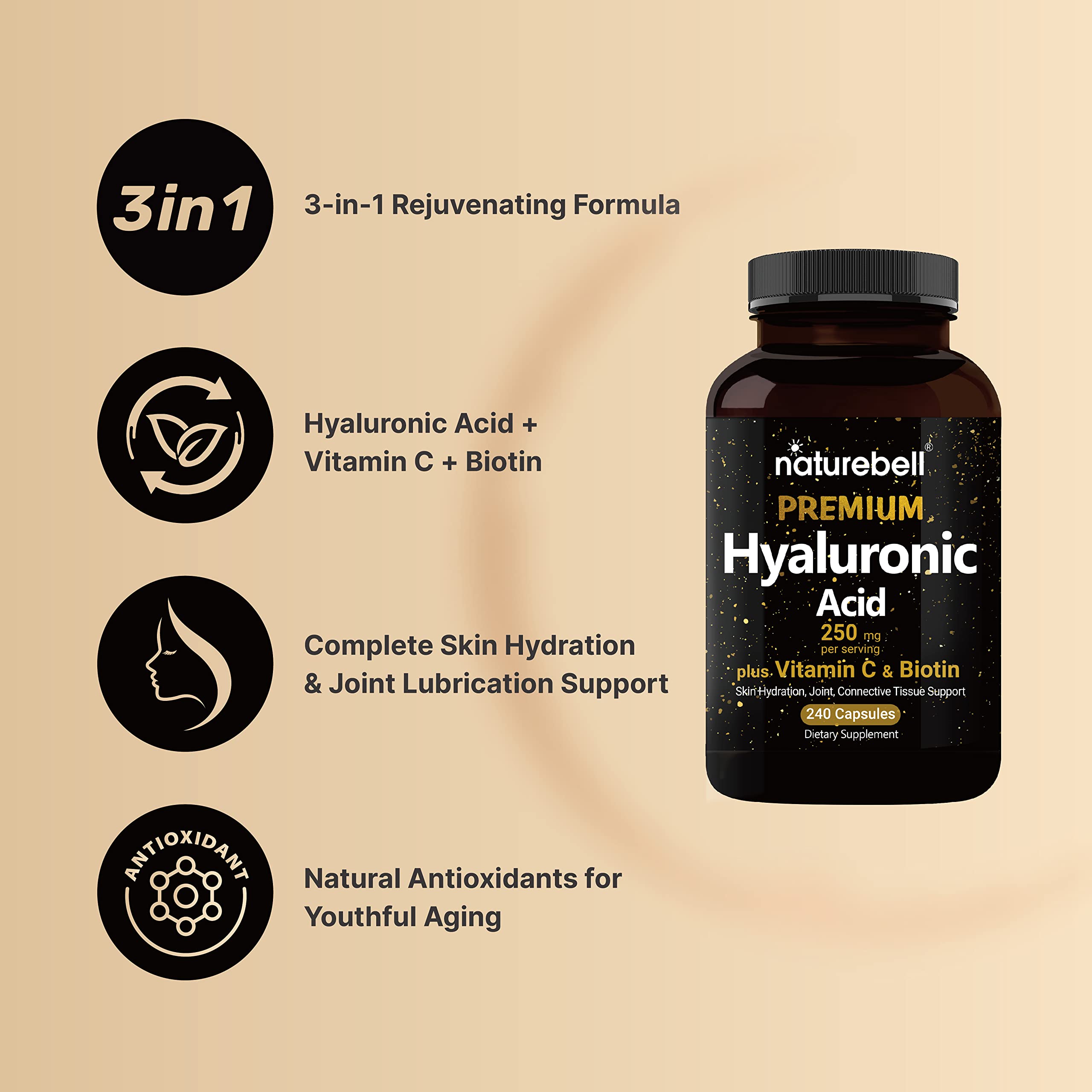 NatureBell 2 Pack Plant Based Hyaluronic Acid Supplements 250mg with 25mg Vitamin C NatureBell