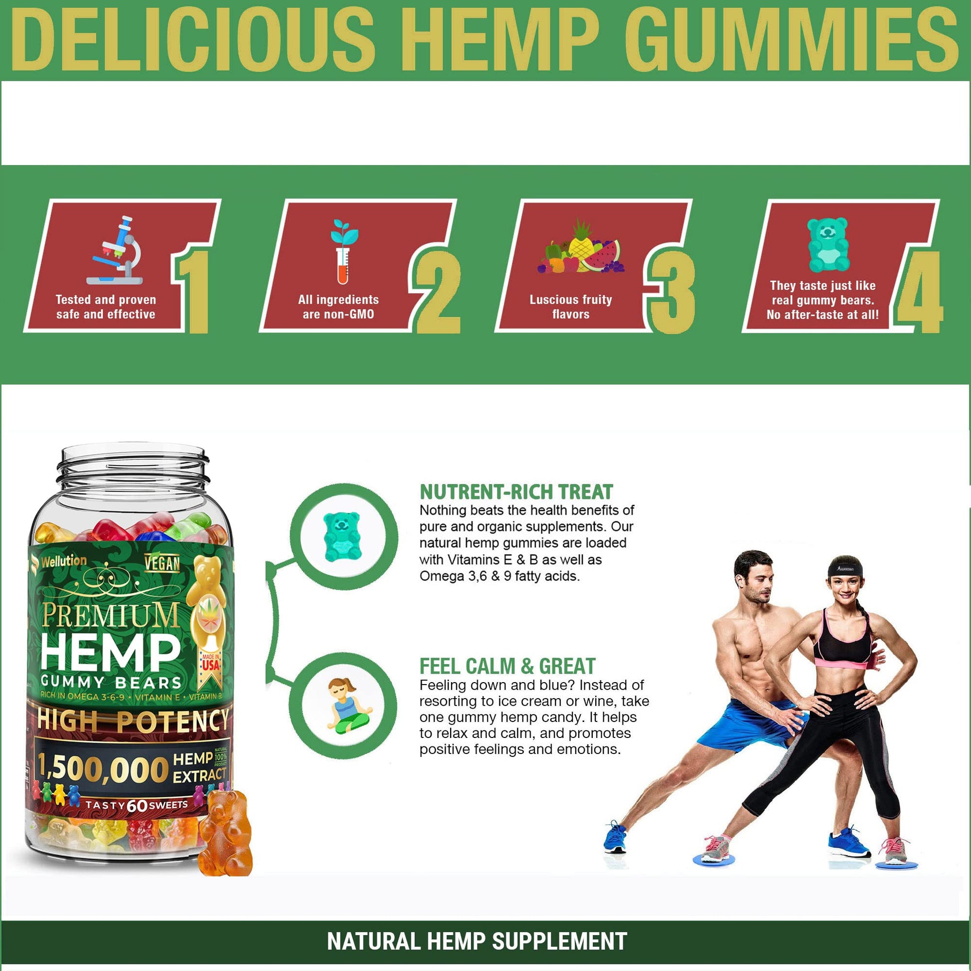 Wellution Hemp Gummies 1,500,000 XXL High Potency - Fruity Gummy Bear with Hemp Oil Wellution