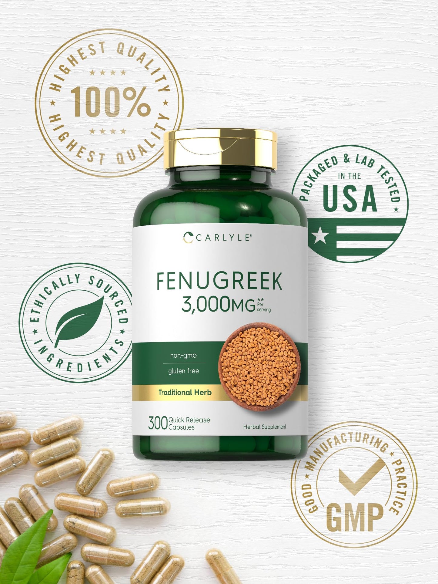 Carlyle Fenugreek Capsules 3000 mg | 300 Count | Non-GMO & Gluten Free Extract