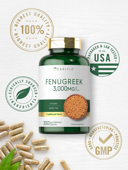 Carlyle Fenugreek Capsules 3000 mg | 300 Count | Non-GMO & Gluten Free Extract