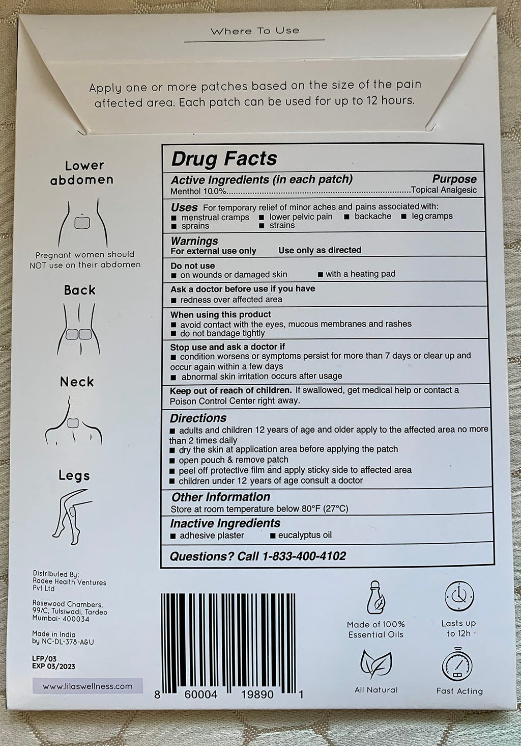 LILAS Period Cramps Pain Relief Patch - Pack of 5