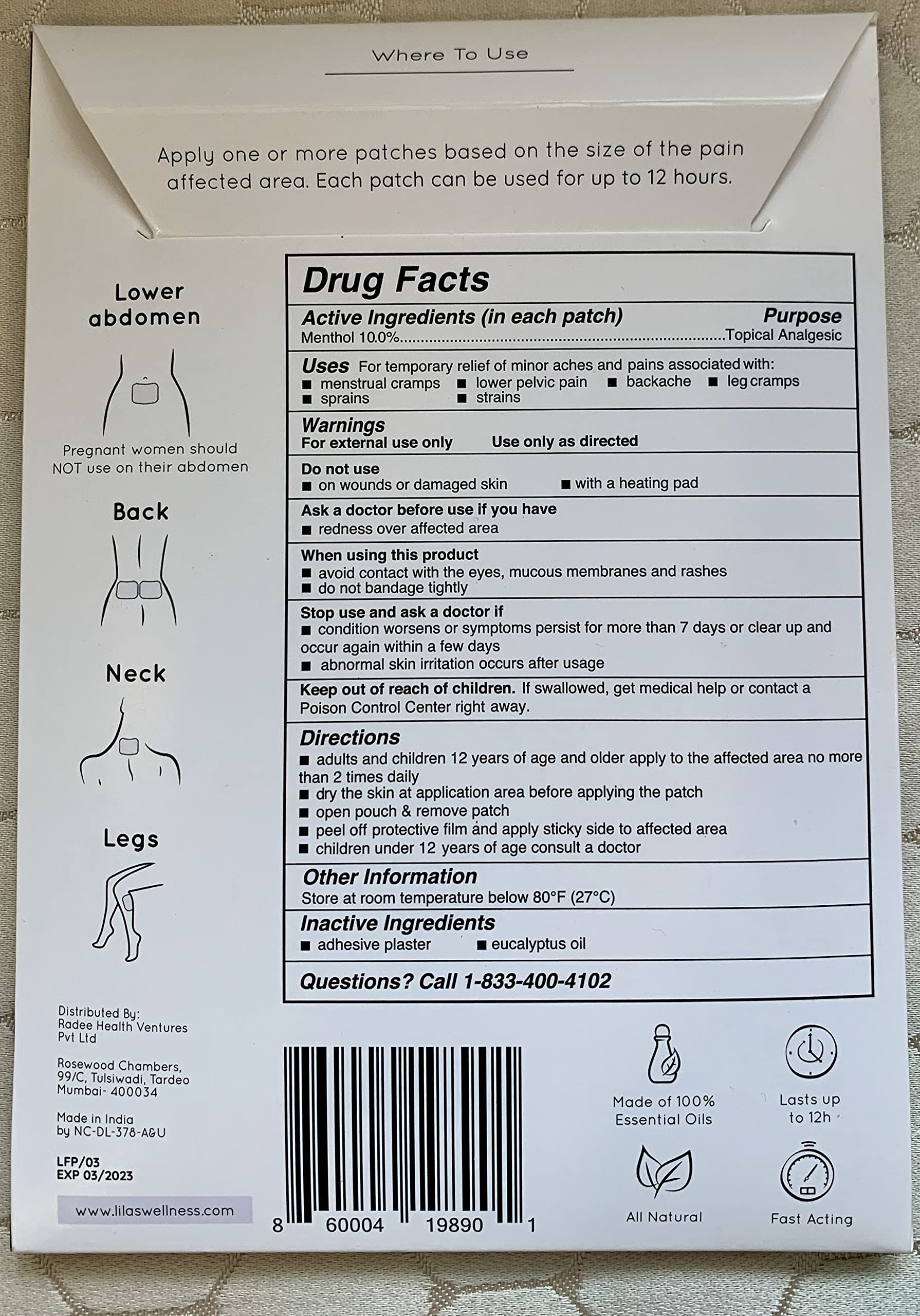 LILAS Period Cramps Pain Relief Patch - Pack of 5 LILAS