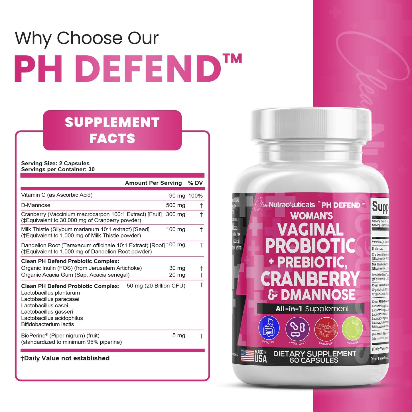 Vaginal Probiotics For Women + Prebiotics 20 Billion Cranberry Pills 30,000mg w/ D-Manno