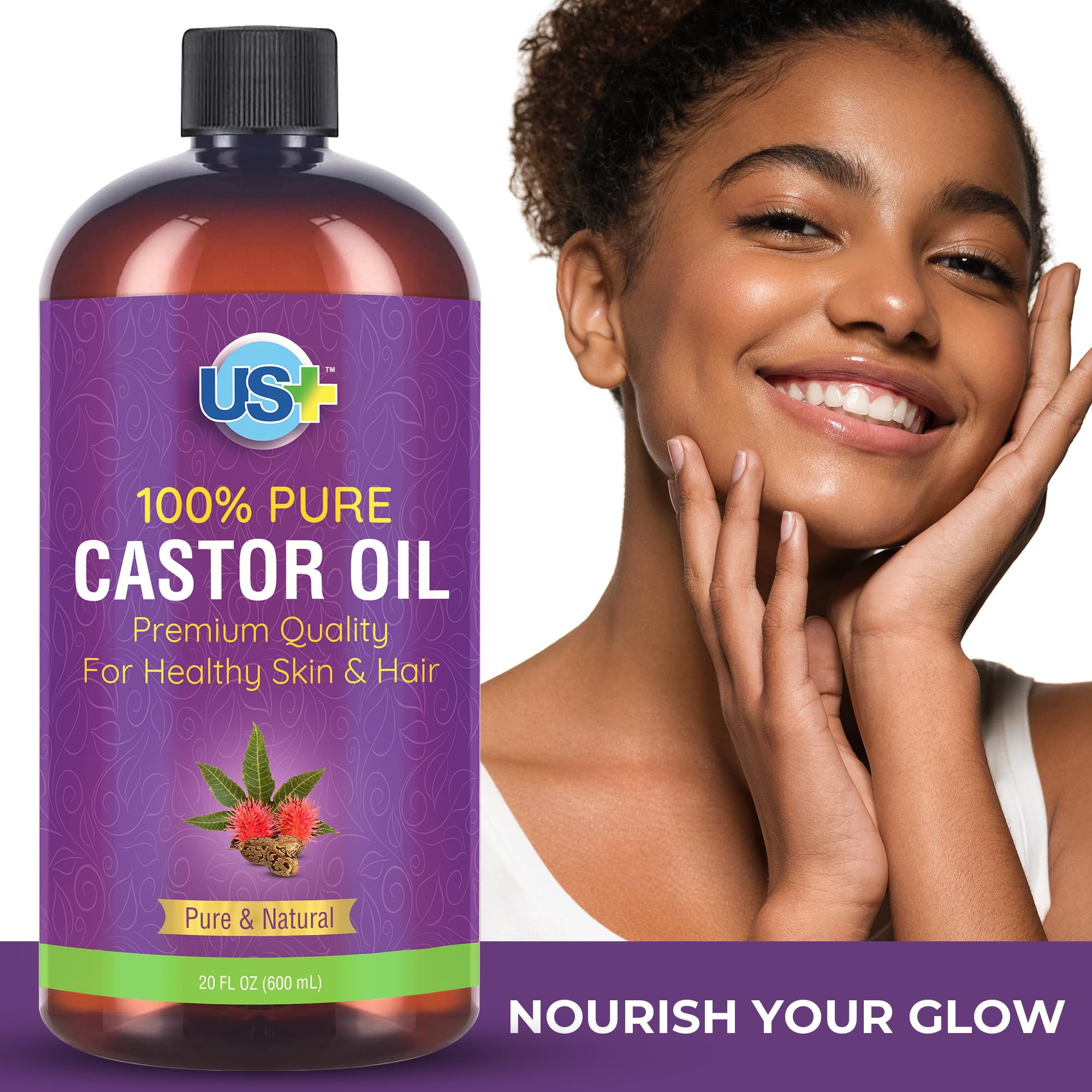 Us+ 20oz 100% Pure Castor Oil - Cold-pressed, Unrefined, Hexane-free - USP Grade - Premium Quality Us+