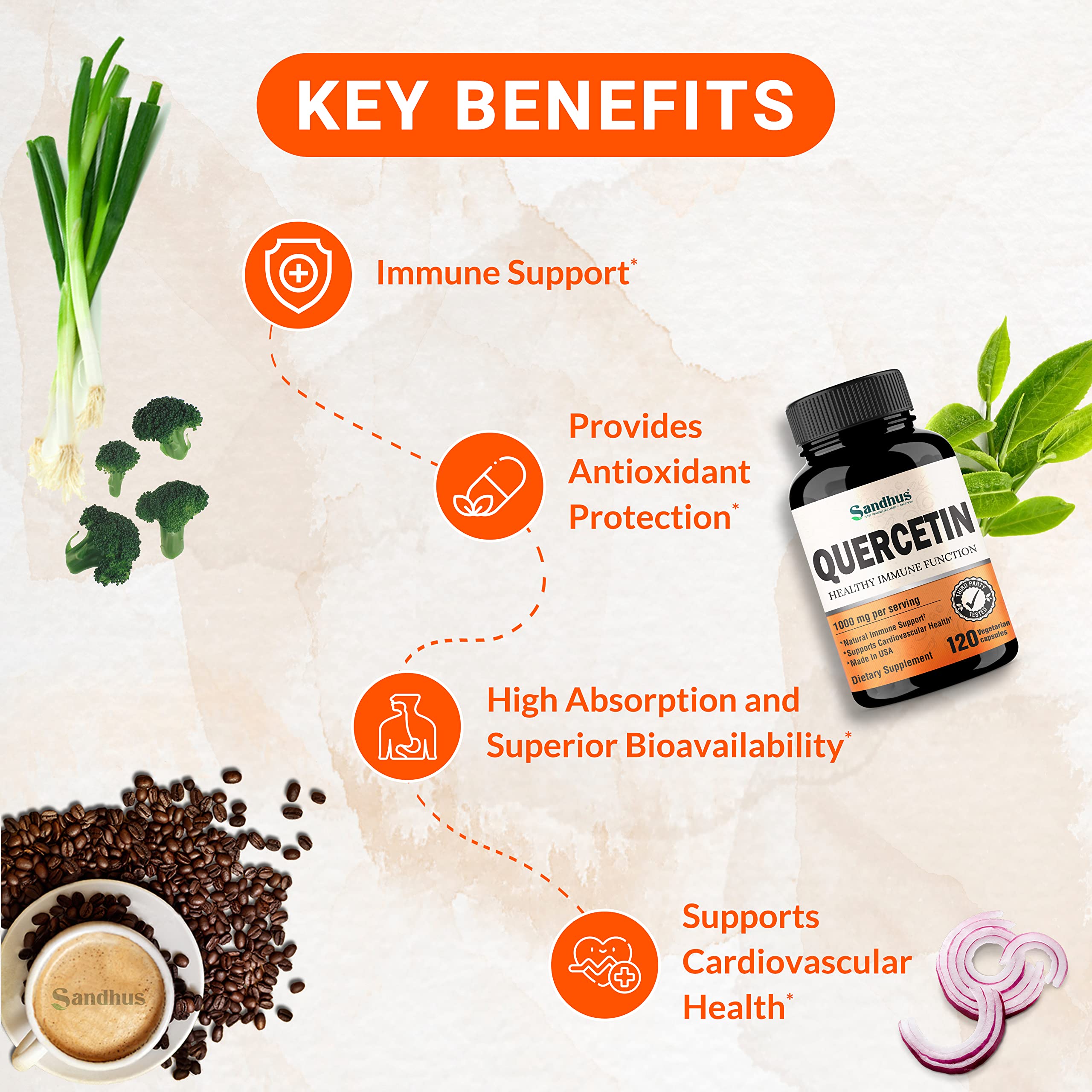 Sandhu's Quercetin 1000mg Per Serving 120 Count Vegetarian Capsules Bioflavonoids Sandhu's