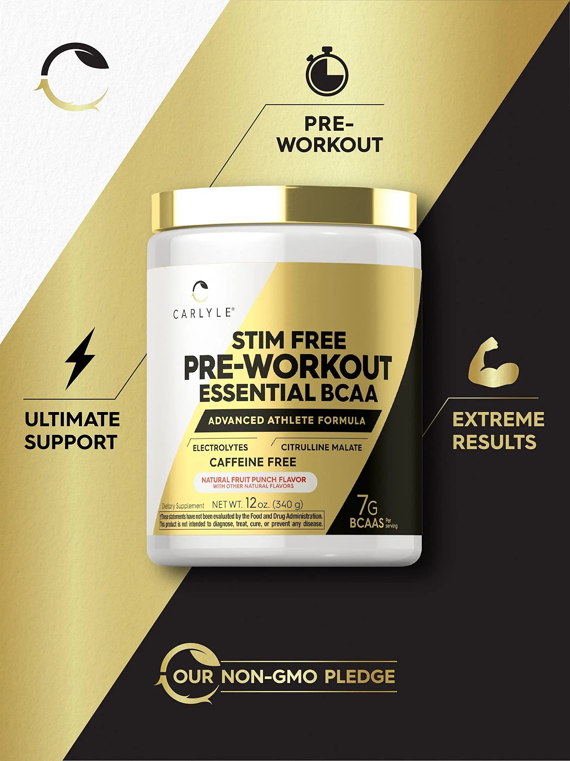 Carlyle Stim Free Pre Workout Powder | BCAA Amino Acids | 7g BCAA | Fruit Punch Flavor | Non-GMO and Gluten Free Supplement