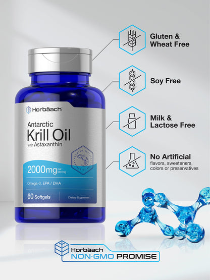 Horbäach Antarctic Krill Oil 2000mg | 60 Softgel Capsules | Omega-3, EPA, DHA Supplemen