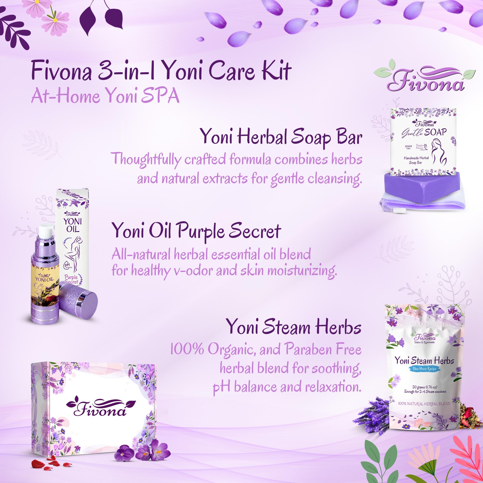 FIVONA Yoni Care Kit 3 in 1 - pH Balanced Natural Vaginal Oil 30 ml, Organic Herbal Soap 5.3 oz FIVONA