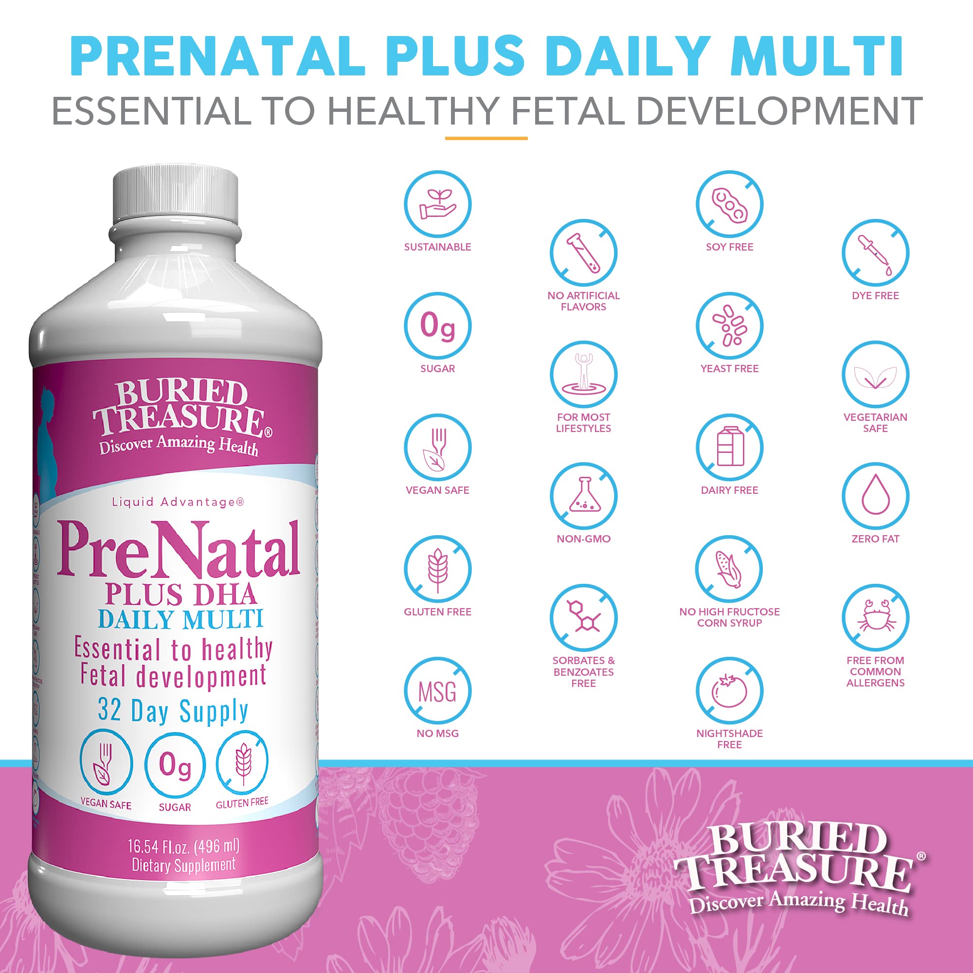 Buried Treasure Prenatal Plus DHA Complete, 16 oz, Natural DHA Omega3 Iron Buried Treasure